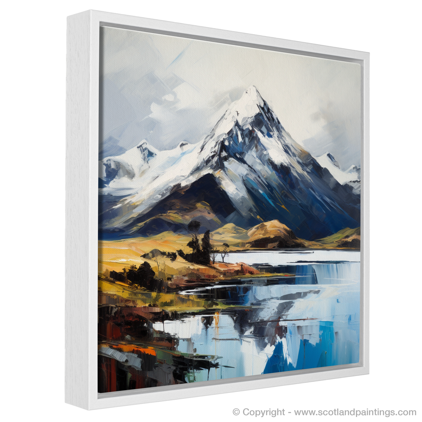 Painting and Art Print of Snow-capped peaks overlooking Loch Lomond entitled "Snow-Capped Majesty: An Expressionist Ode to Loch Lomond".