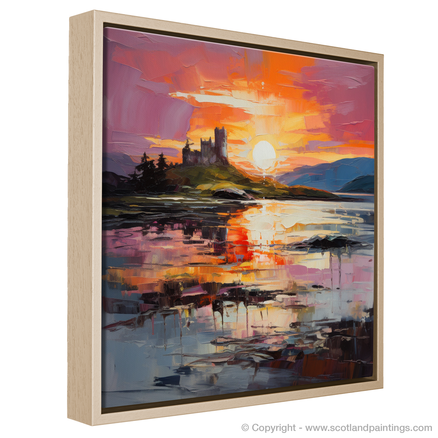 Painting and Art Print of Castle Stalker Bay at sunset entitled "Sunset Blaze over Castle Stalker Bay".
