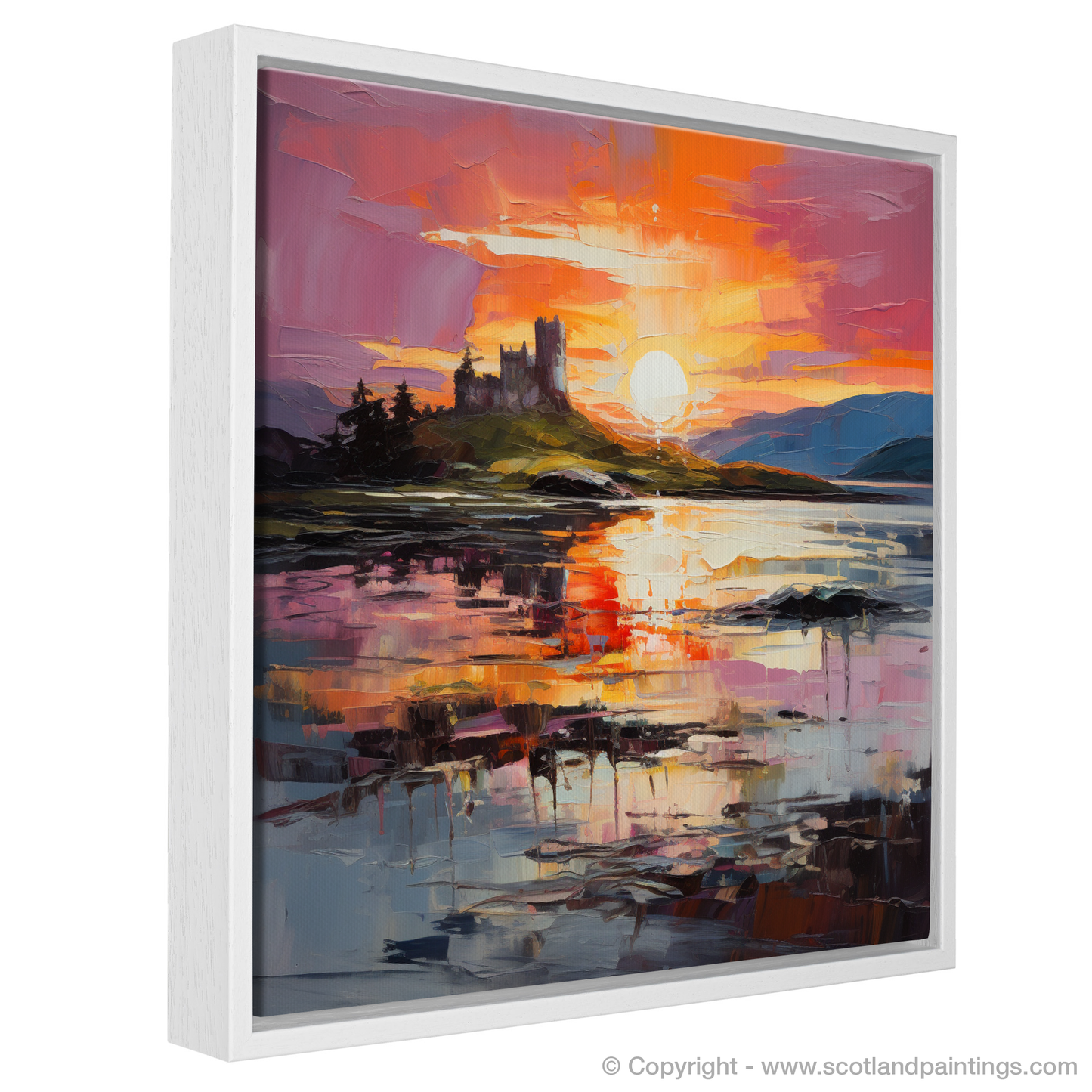 Painting and Art Print of Castle Stalker Bay at sunset entitled "Sunset Blaze over Castle Stalker Bay".