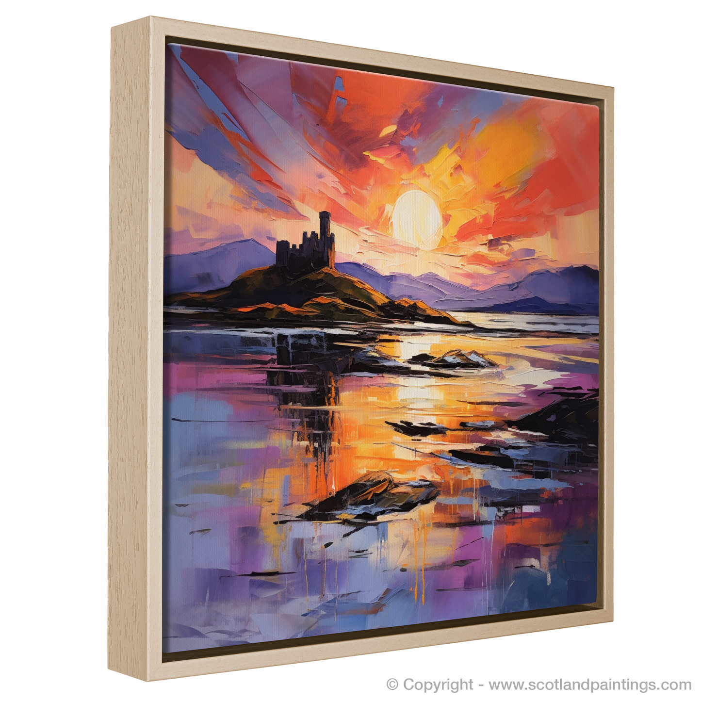 Painting and Art Print of Castle Stalker Bay at sunset entitled "Sunset Embrace at Castle Stalker Bay".