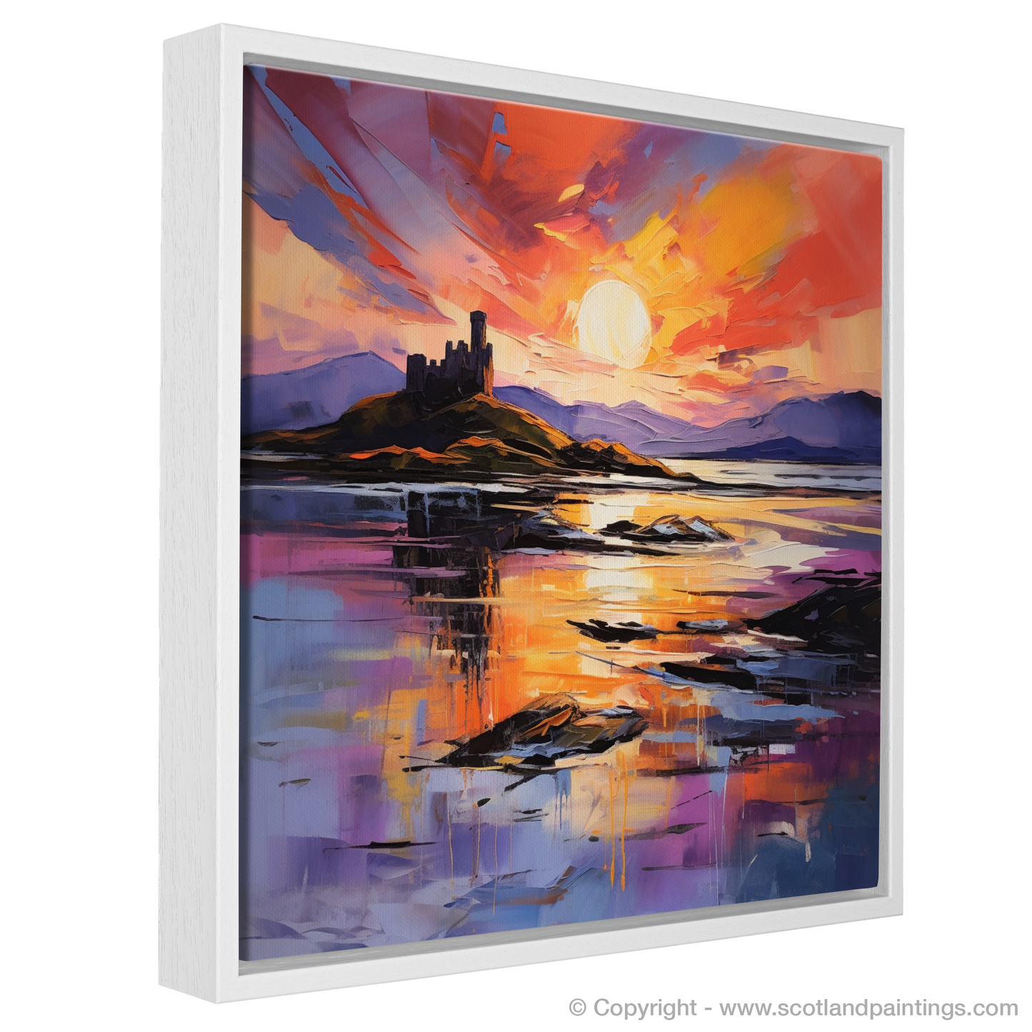 Painting and Art Print of Castle Stalker Bay at sunset entitled "Sunset Embrace at Castle Stalker Bay".