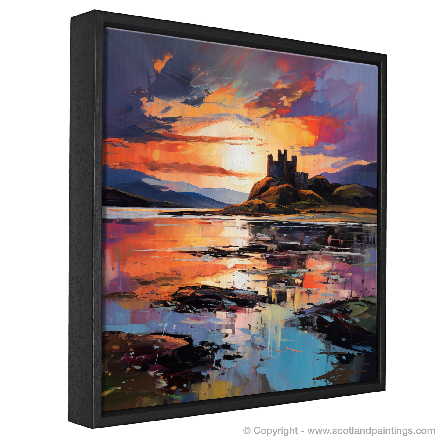 Painting and Art Print of Castle Stalker Bay at sunset entitled "Sunset Embrace over Castle Stalker Bay".