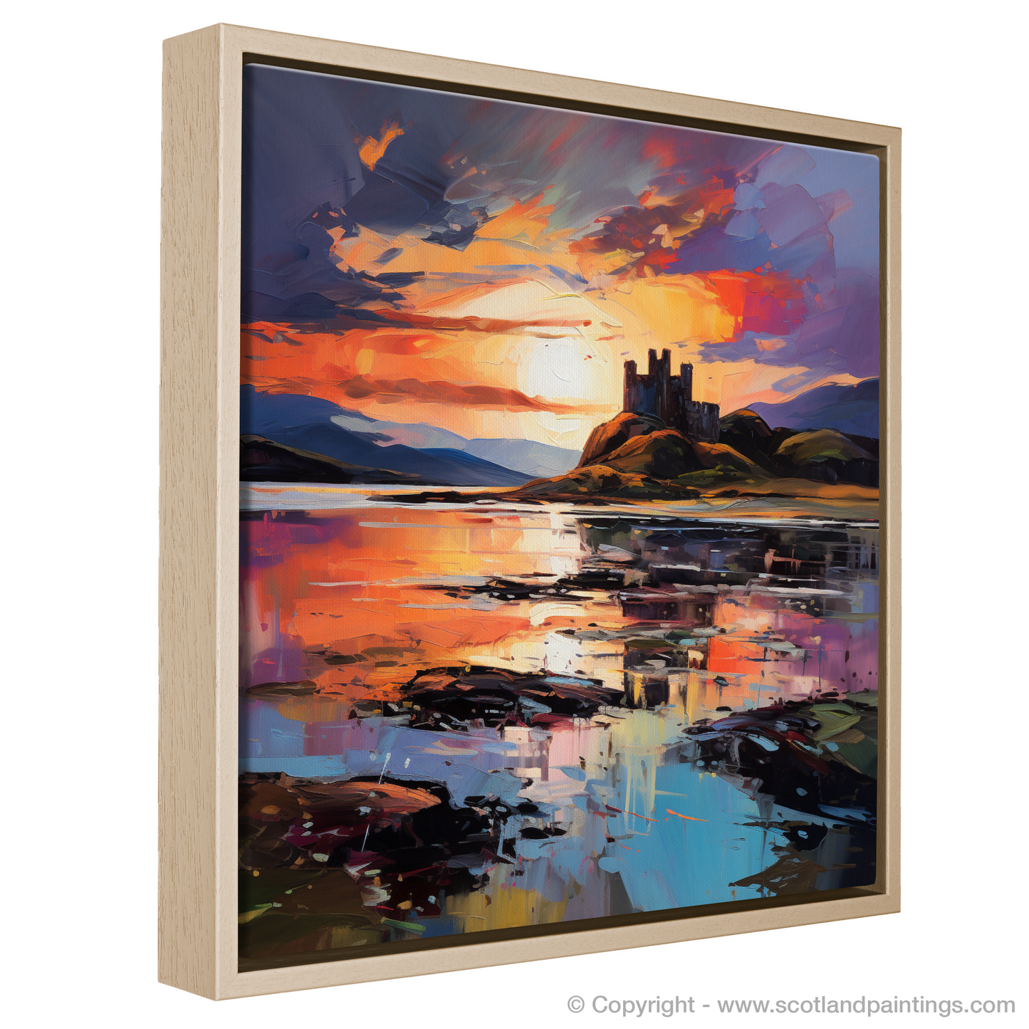 Painting and Art Print of Castle Stalker Bay at sunset entitled "Sunset Embrace over Castle Stalker Bay".