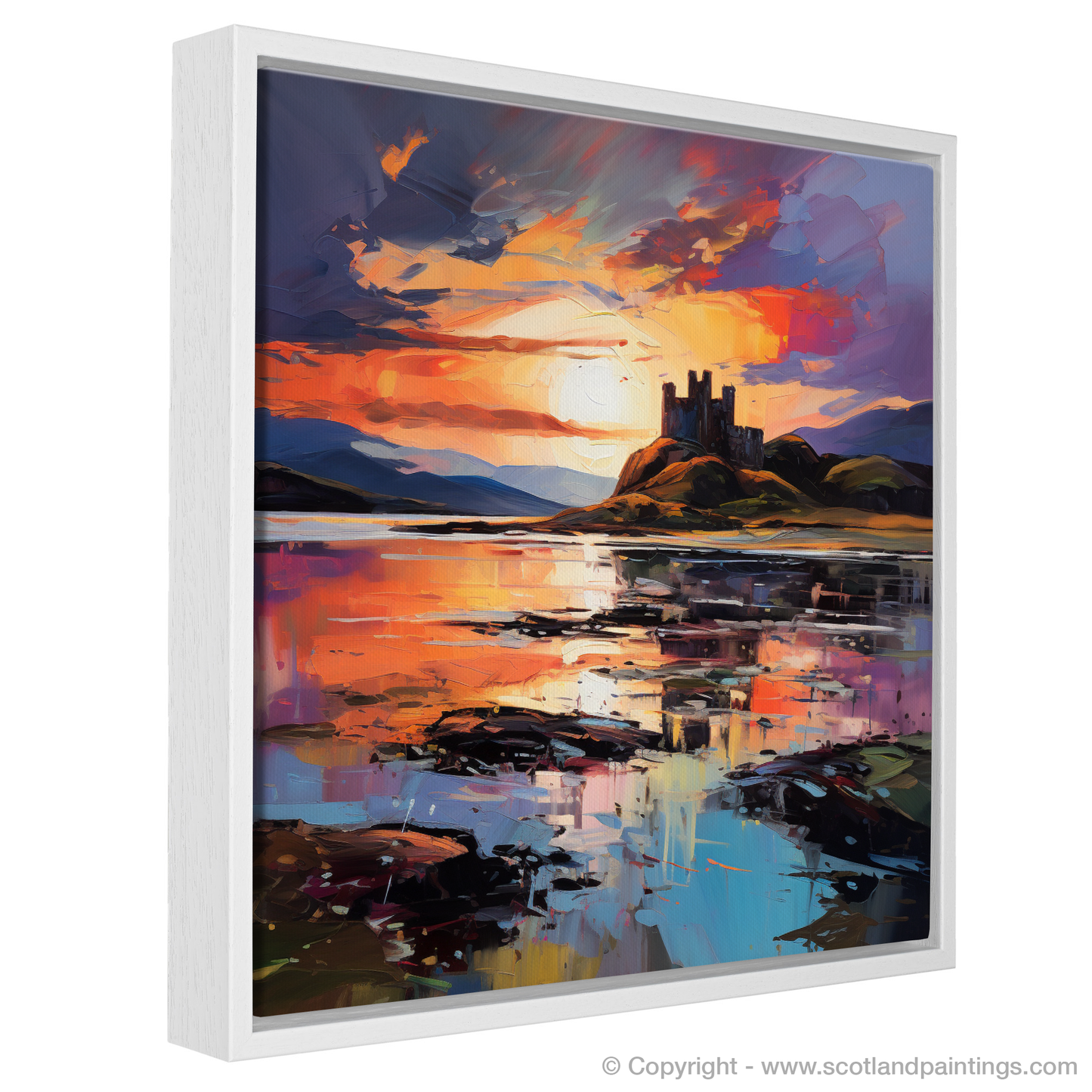 Painting and Art Print of Castle Stalker Bay at sunset entitled "Sunset Embrace over Castle Stalker Bay".