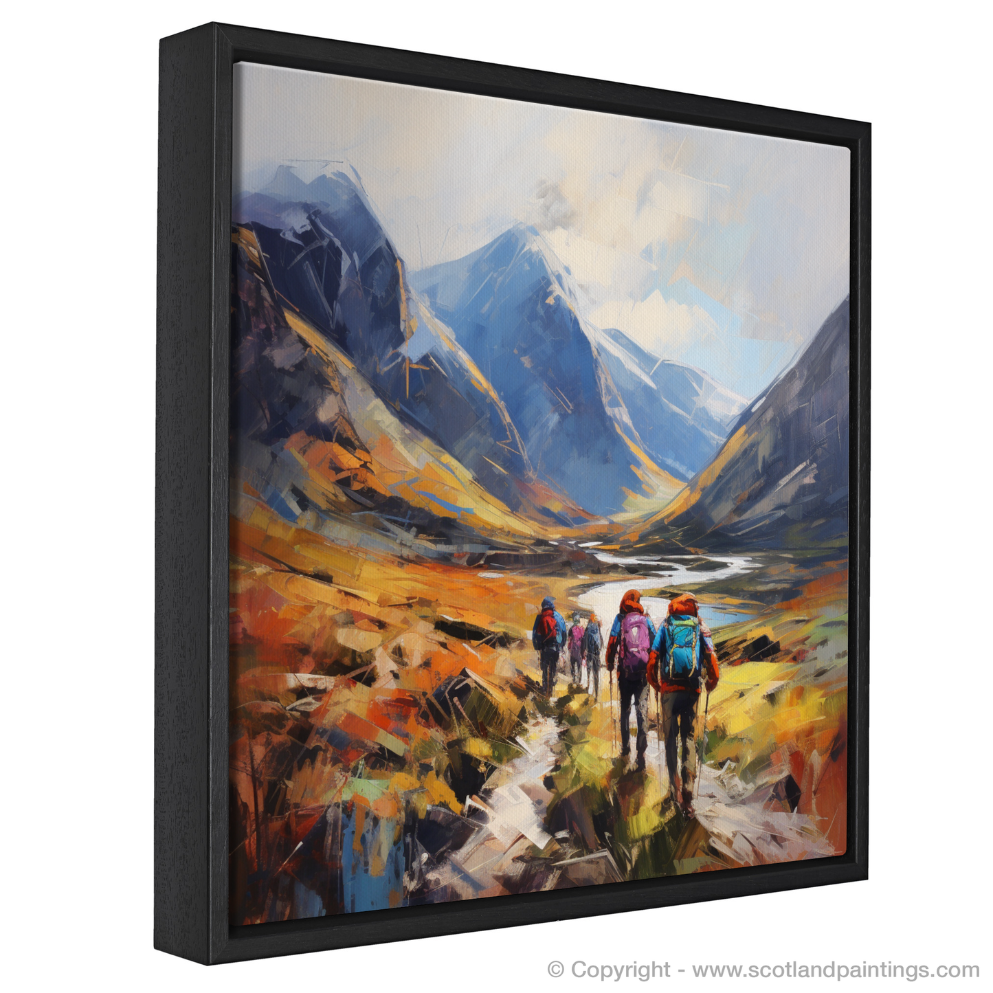 Painting and Art Print of Group of hikers at trail start in Glencoe entitled "Highland Odyssey: Embracing the Majesty of Glencoe".