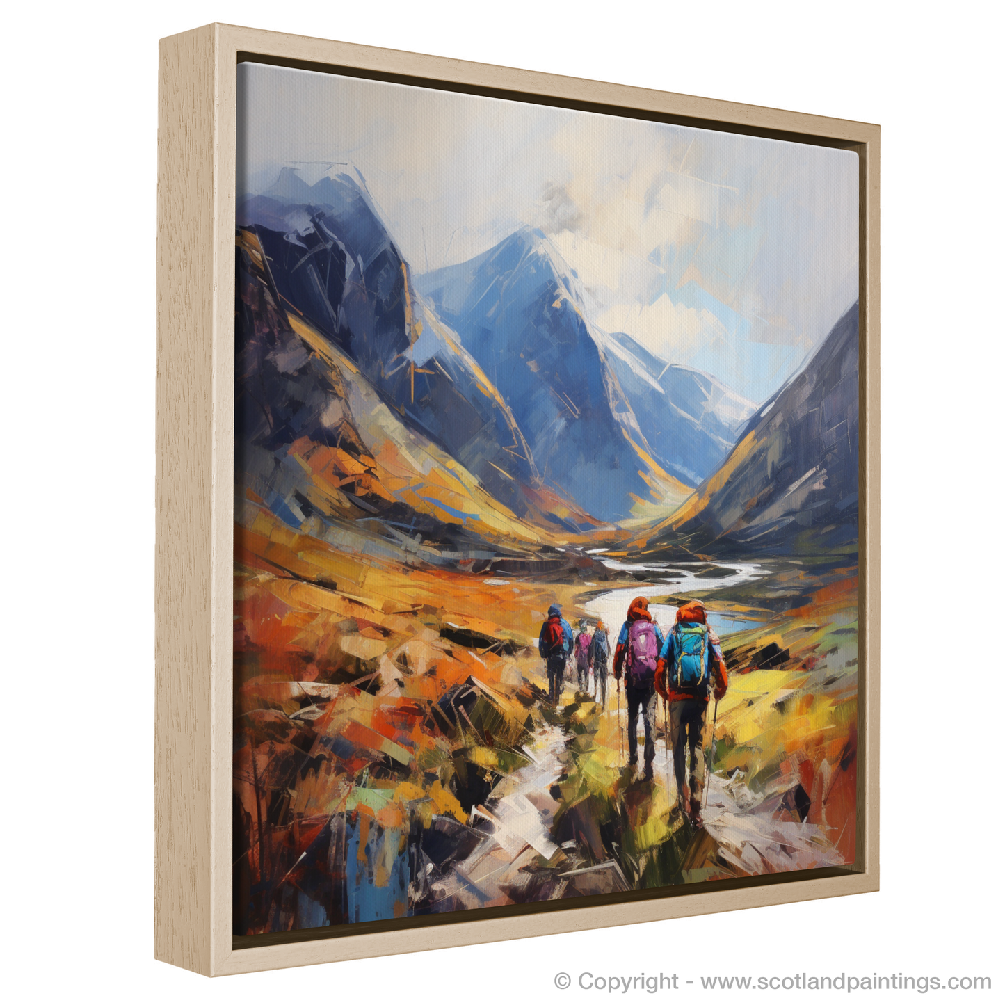 Painting and Art Print of Group of hikers at trail start in Glencoe entitled "Highland Odyssey: Embracing the Majesty of Glencoe".