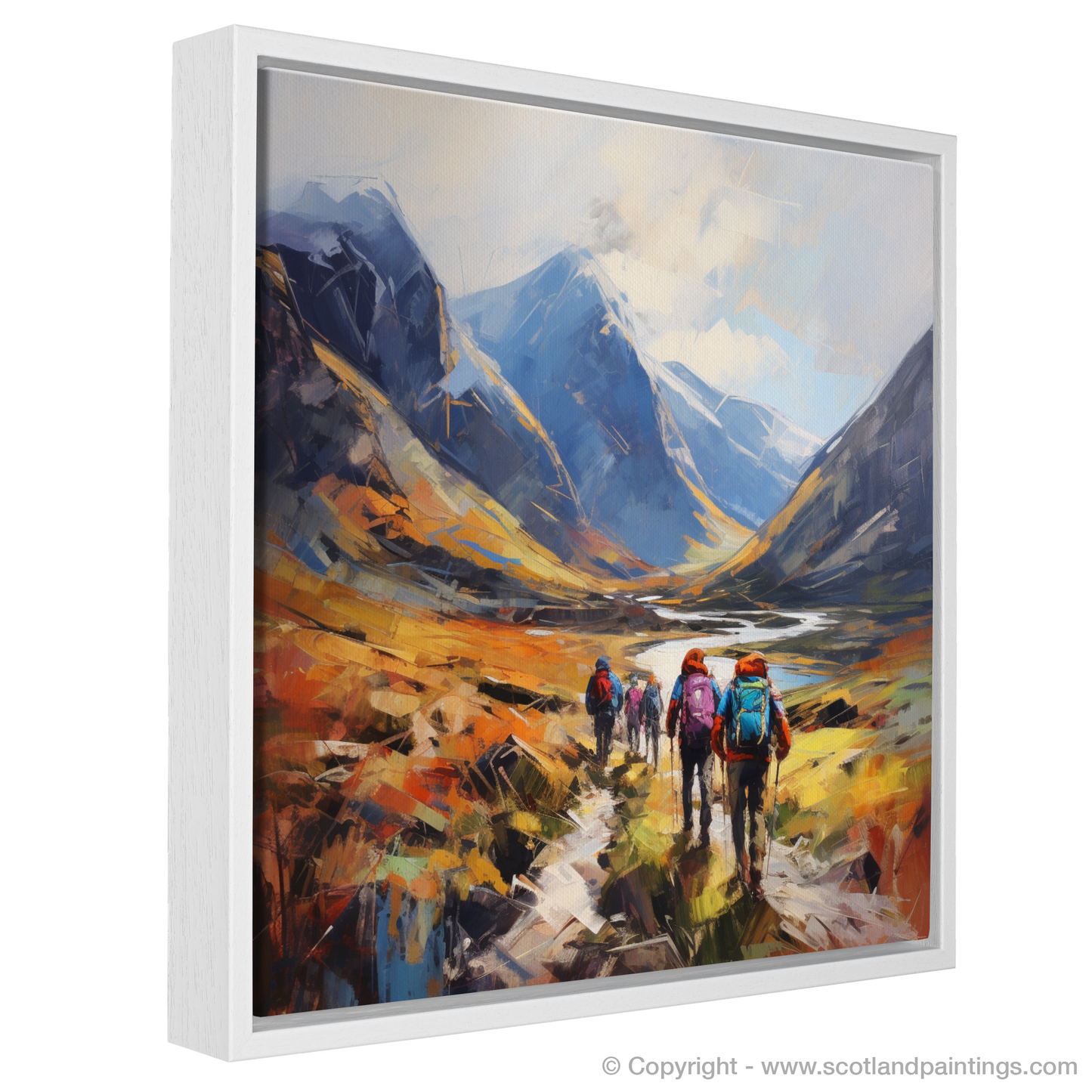 Painting and Art Print of Group of hikers at trail start in Glencoe entitled "Highland Odyssey: Embracing the Majesty of Glencoe".