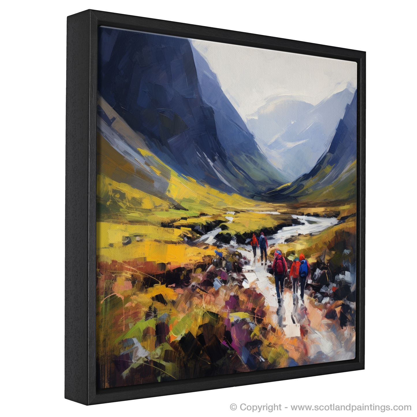 Painting and Art Print of Group of hikers at trail start in Glencoe entitled "Hikers' Odyssey Through Glencoe's Rugged Splendour".