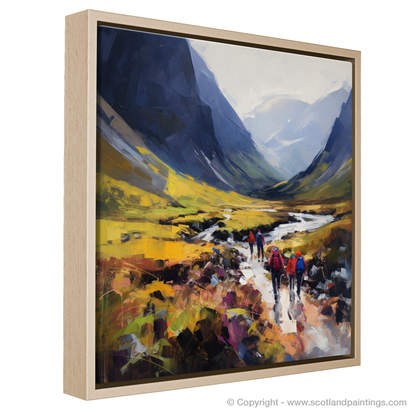 Painting and Art Print of Group of hikers at trail start in Glencoe entitled "Hikers' Odyssey Through Glencoe's Rugged Splendour".