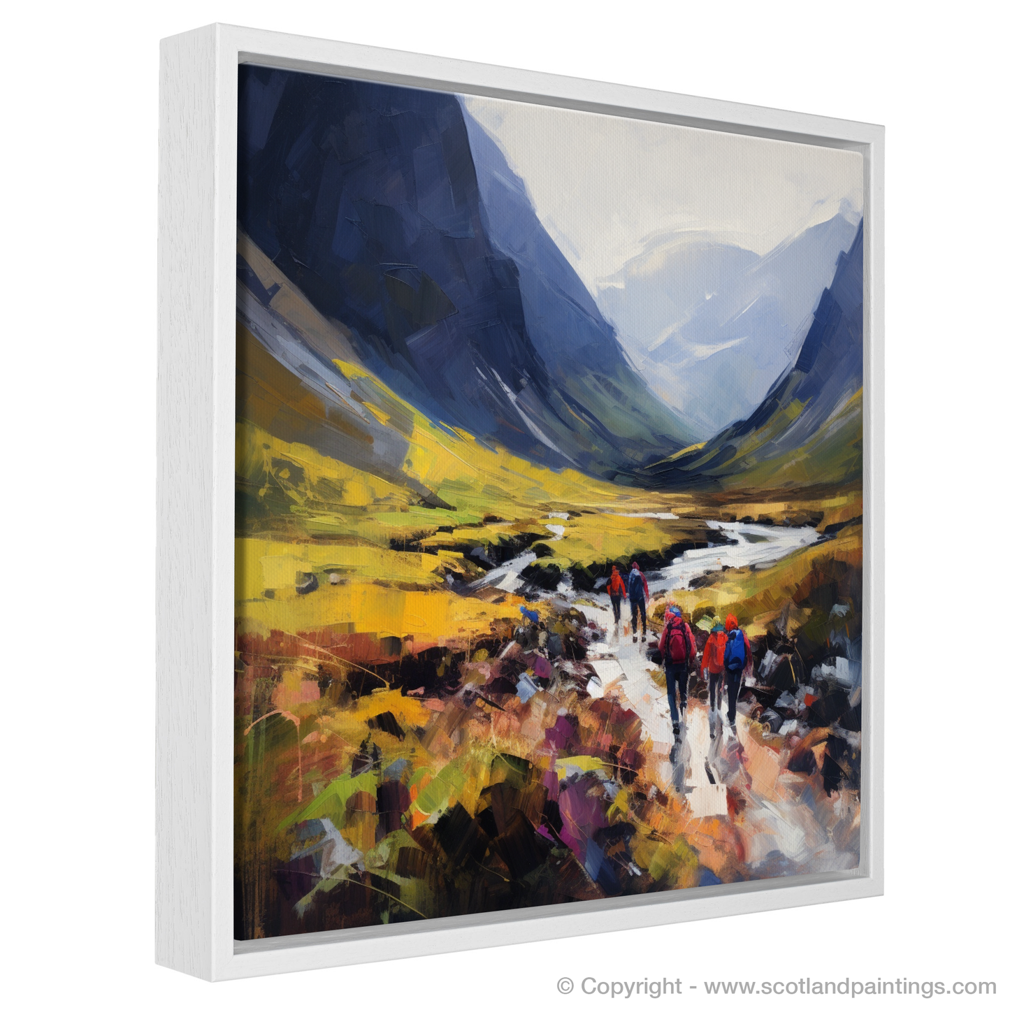 Painting and Art Print of Group of hikers at trail start in Glencoe entitled "Hikers' Odyssey Through Glencoe's Rugged Splendour".