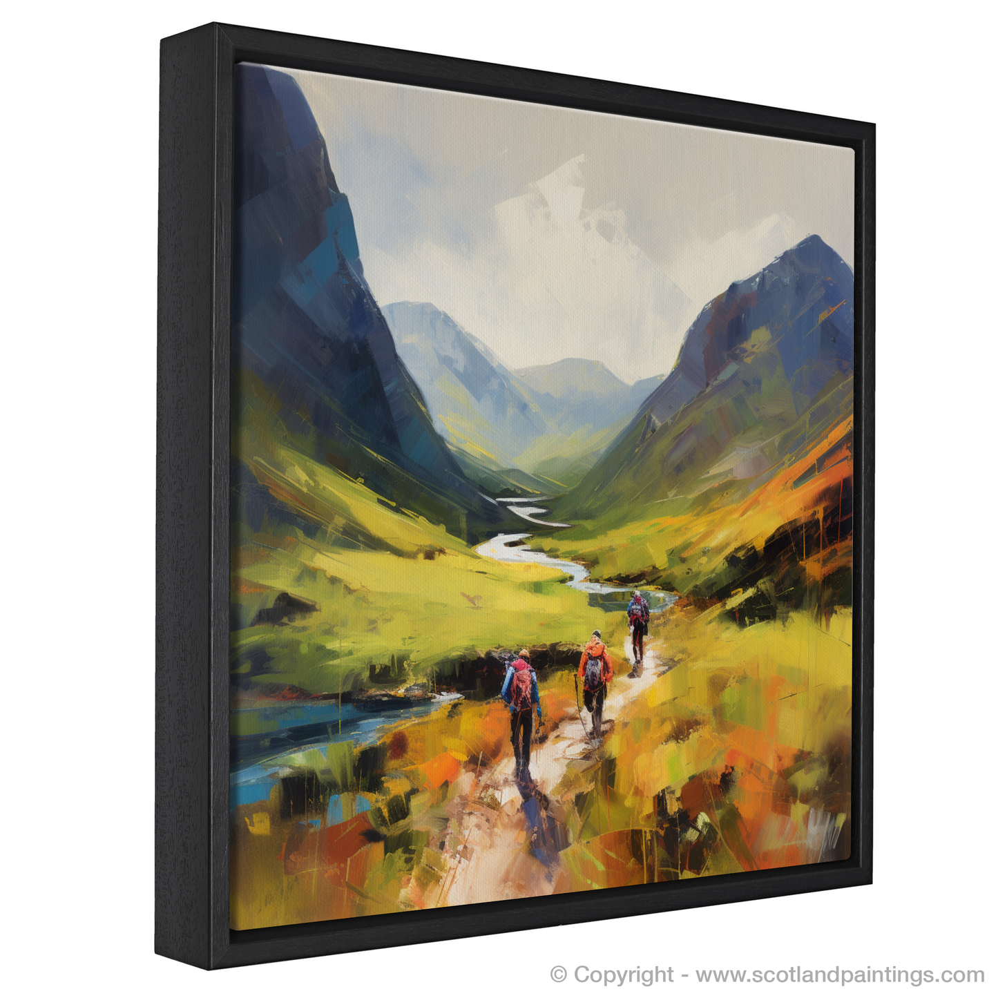 Painting and Art Print of Group of hikers at trail start in Glencoe entitled "Highland Adventure: Embracing the Vibrant Spirit of Glencoe".