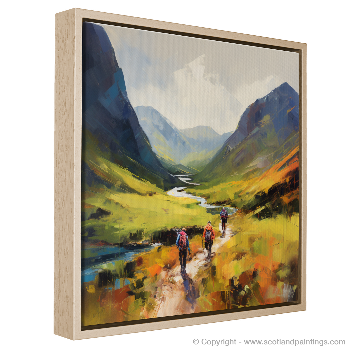 Painting and Art Print of Group of hikers at trail start in Glencoe entitled "Highland Adventure: Embracing the Vibrant Spirit of Glencoe".