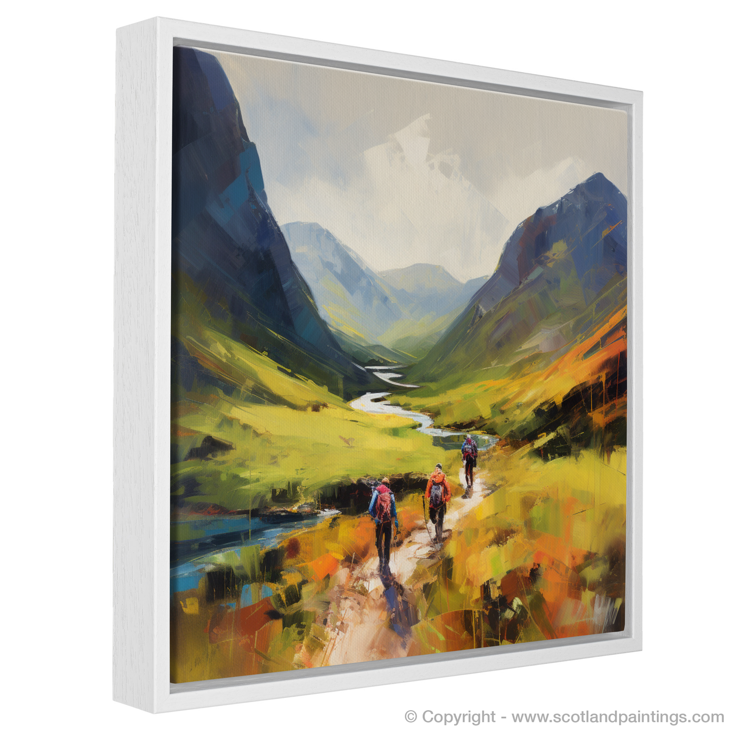 Painting and Art Print of Group of hikers at trail start in Glencoe entitled "Highland Adventure: Embracing the Vibrant Spirit of Glencoe".