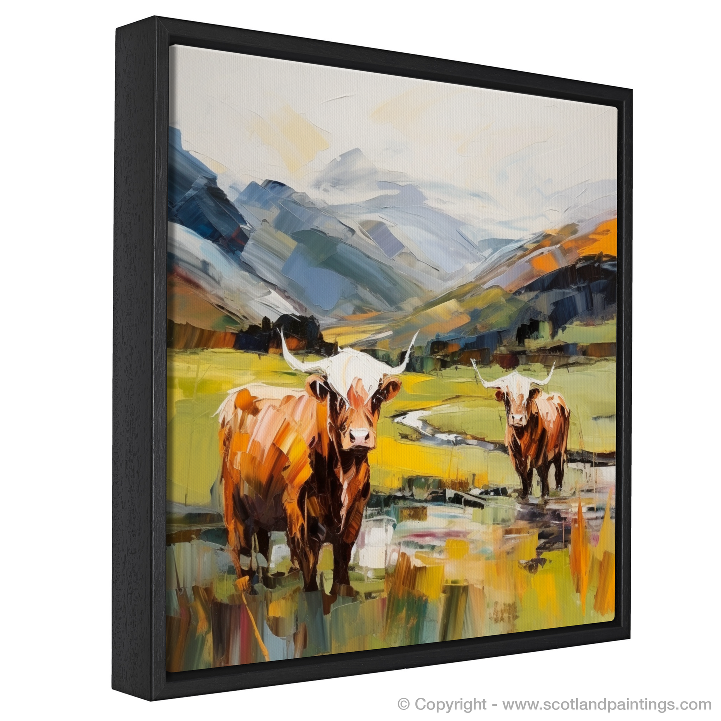 Painting and Art Print of Highland cows in Glencoe entitled "Majestic Highland Cows of Glencoe: An Expressionist Ode to Scotland's Wild Beauty".