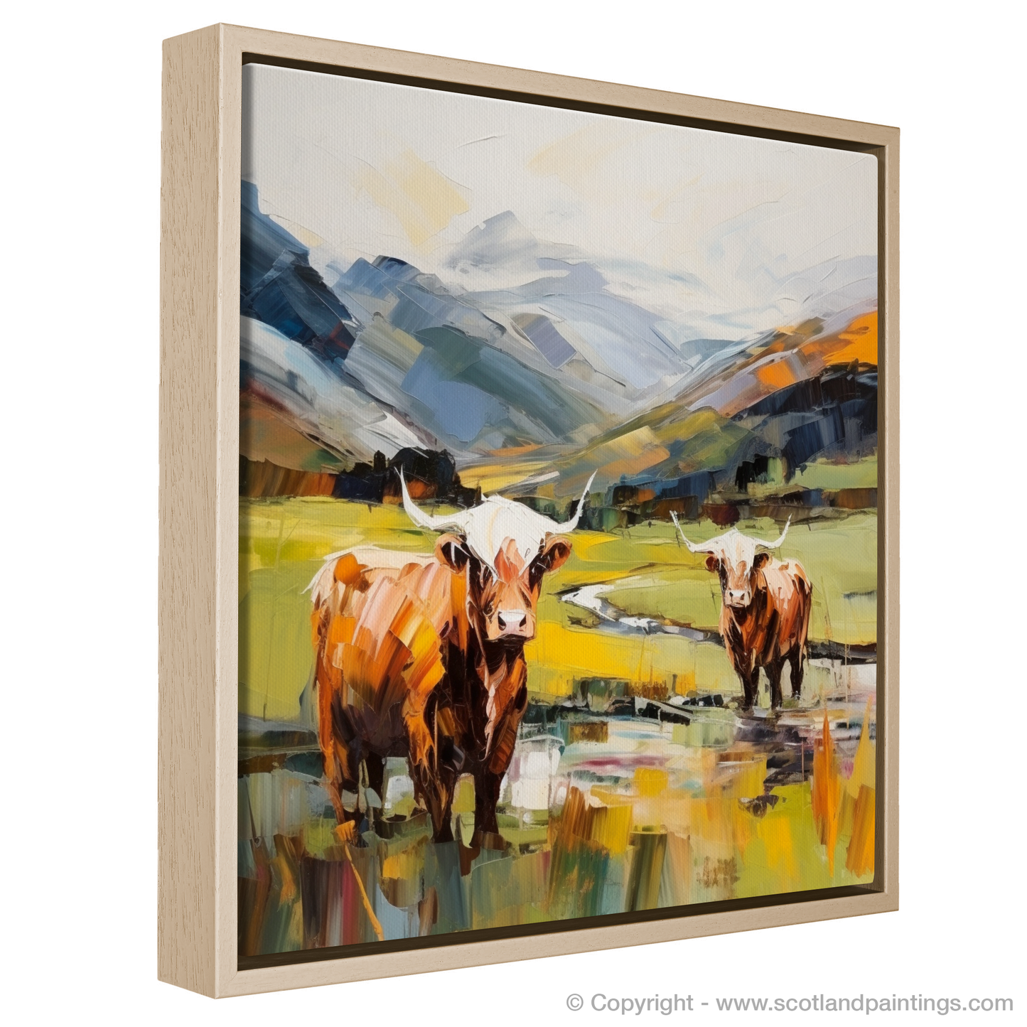 Painting and Art Print of Highland cows in Glencoe entitled "Majestic Highland Cows of Glencoe: An Expressionist Ode to Scotland's Wild Beauty".