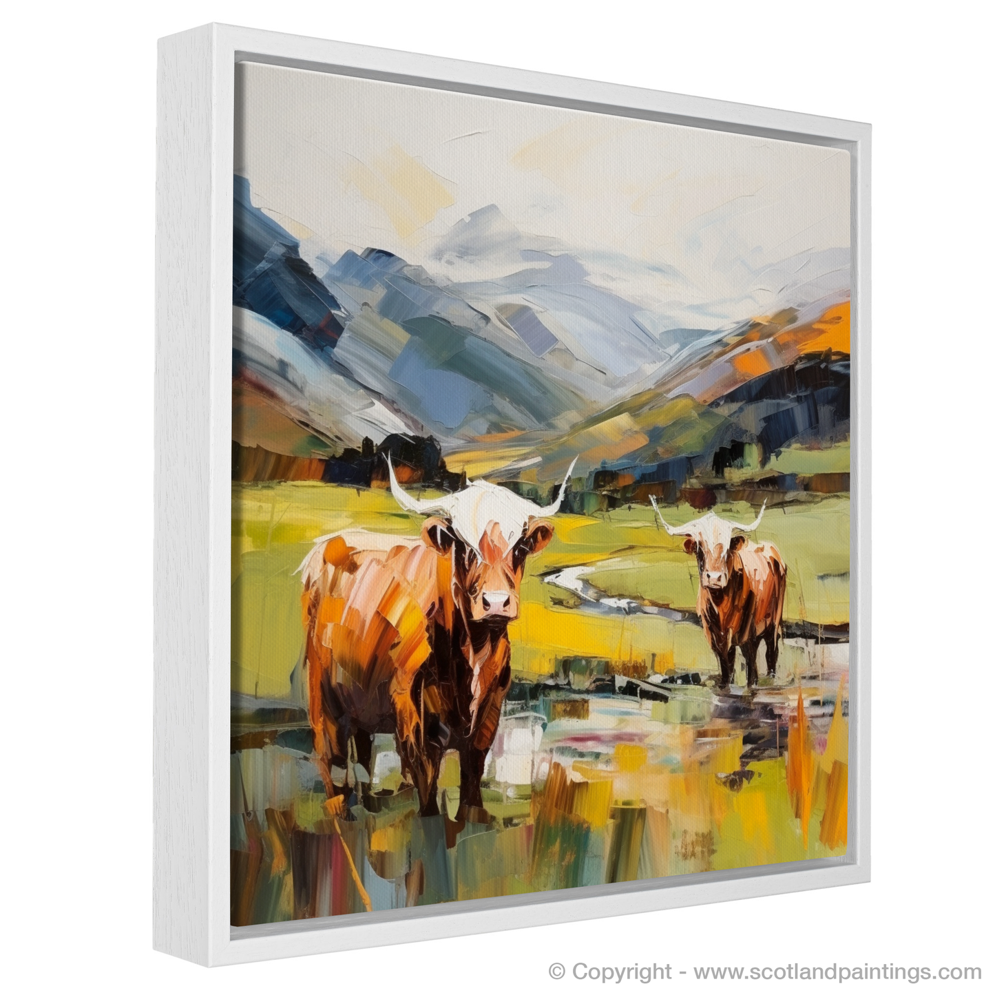 Painting and Art Print of Highland cows in Glencoe entitled "Majestic Highland Cows of Glencoe: An Expressionist Ode to Scotland's Wild Beauty".