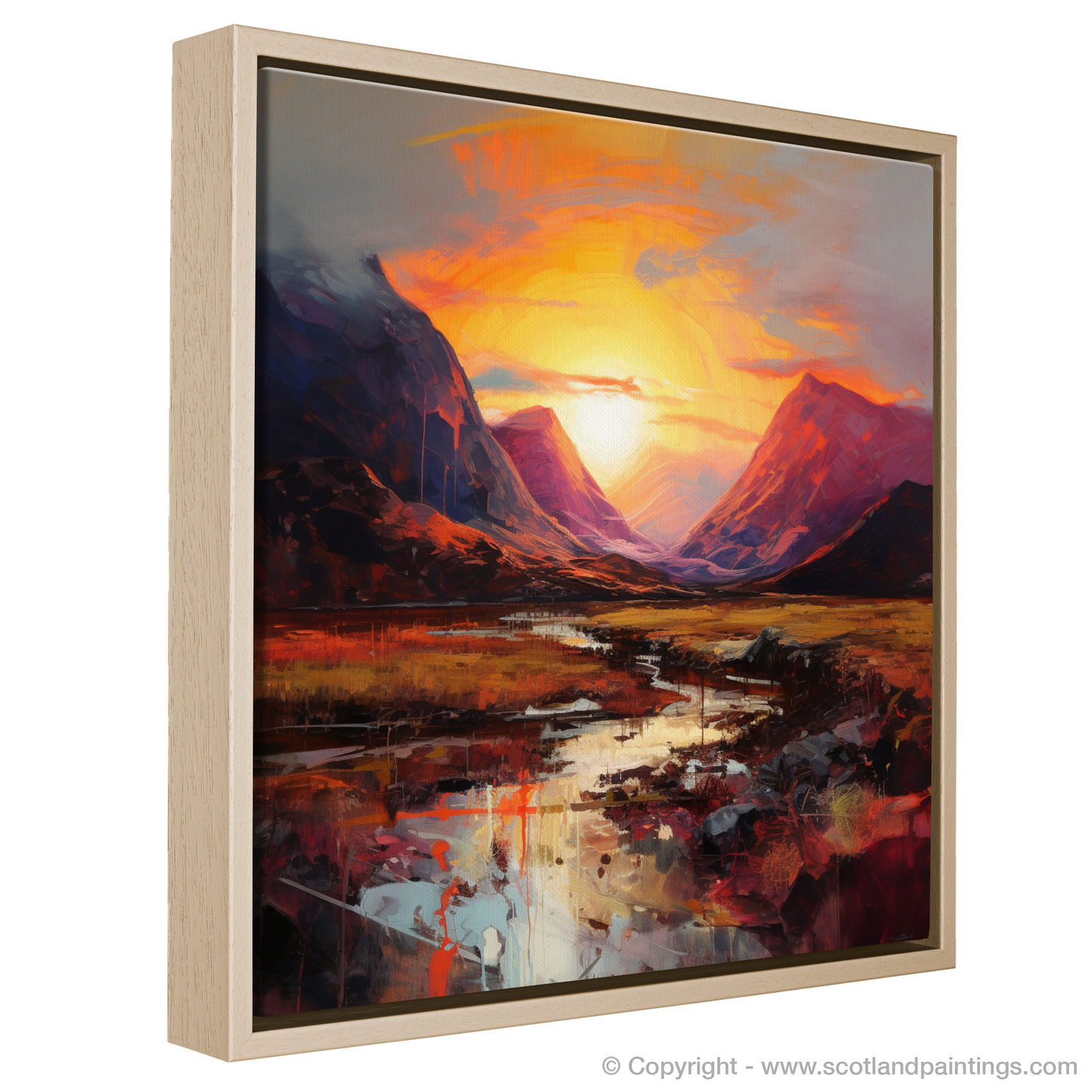 Painting and Art Print of Sunset glow in Glencoe entitled "Fiery Embrace of Glencoe Sunset".