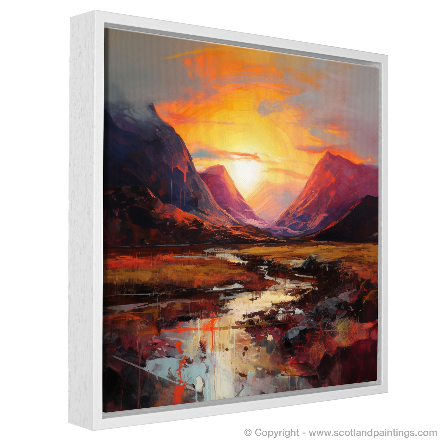 Painting and Art Print of Sunset glow in Glencoe entitled "Fiery Embrace of Glencoe Sunset".