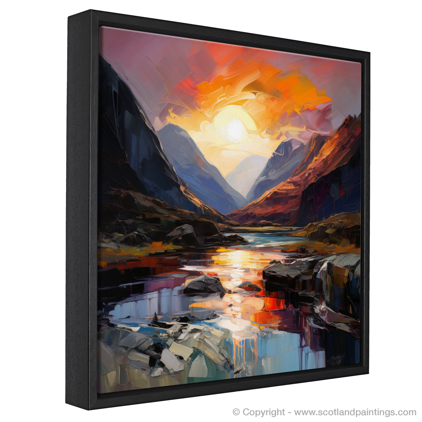 Painting and Art Print of Sunset glow in Glencoe entitled "Fiery Sunset Embrace in Glencoe Highlands".