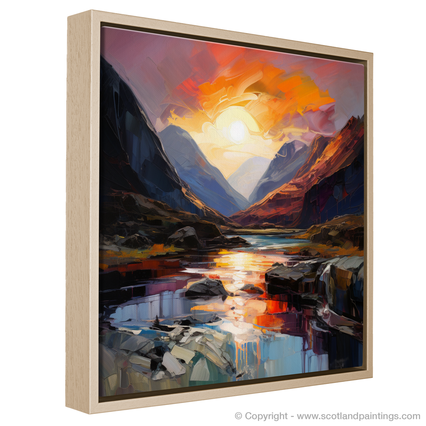 Painting and Art Print of Sunset glow in Glencoe entitled "Fiery Sunset Embrace in Glencoe Highlands".