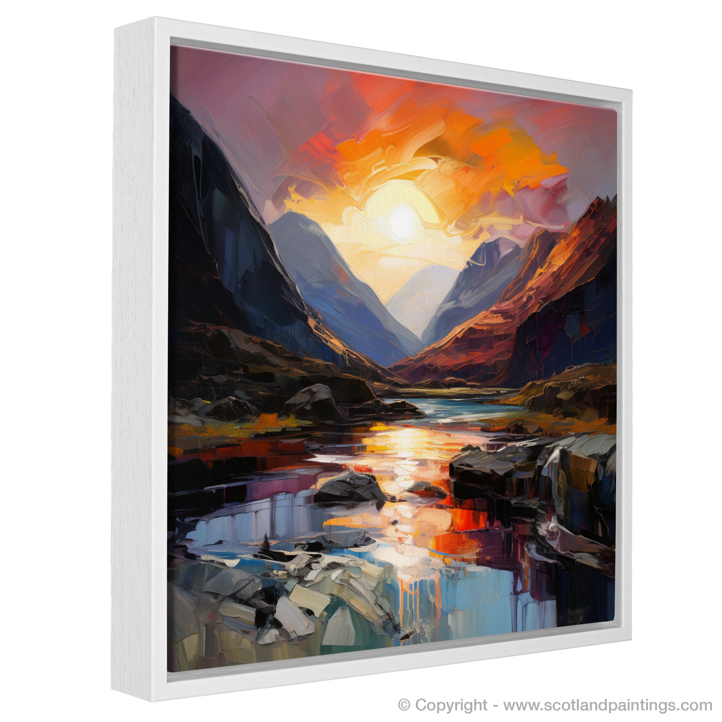 Painting and Art Print of Sunset glow in Glencoe entitled "Fiery Sunset Embrace in Glencoe Highlands".