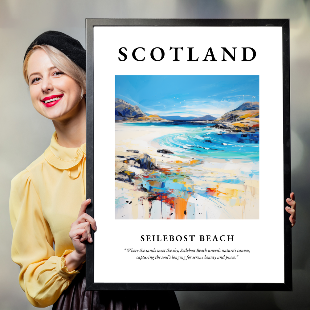 Person holding a poster of Seilebost Beach