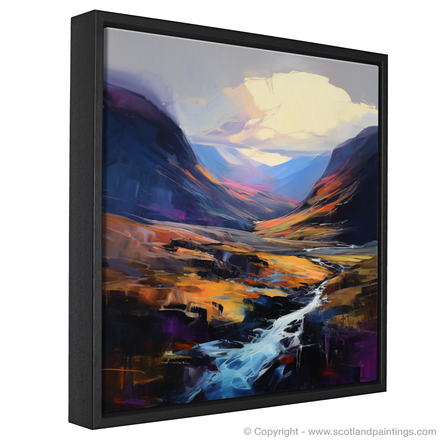 Painting and Art Print of Soft twilight on slopes in Glencoe entitled "Soft Twilight Embrace: An Expressionist Ode to Glencoe's Majestic Slopes".