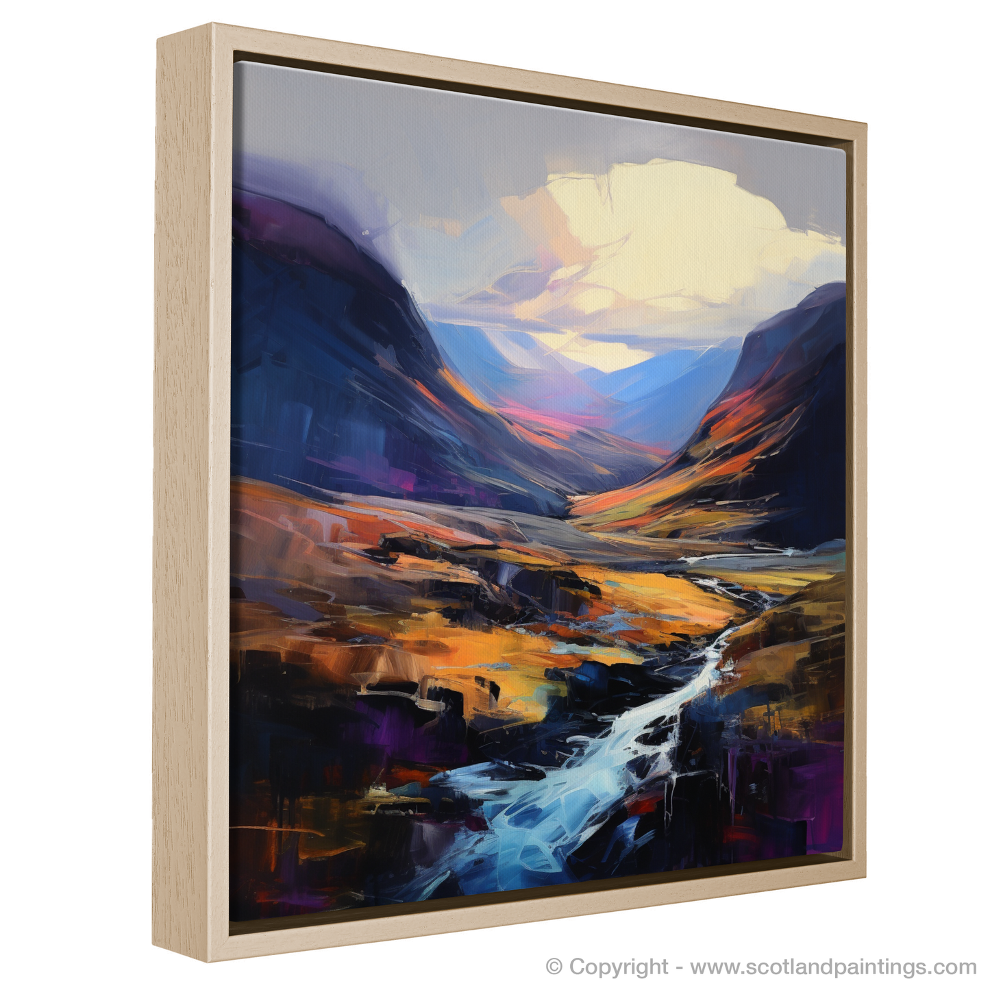 Painting and Art Print of Soft twilight on slopes in Glencoe entitled "Soft Twilight Embrace: An Expressionist Ode to Glencoe's Majestic Slopes".