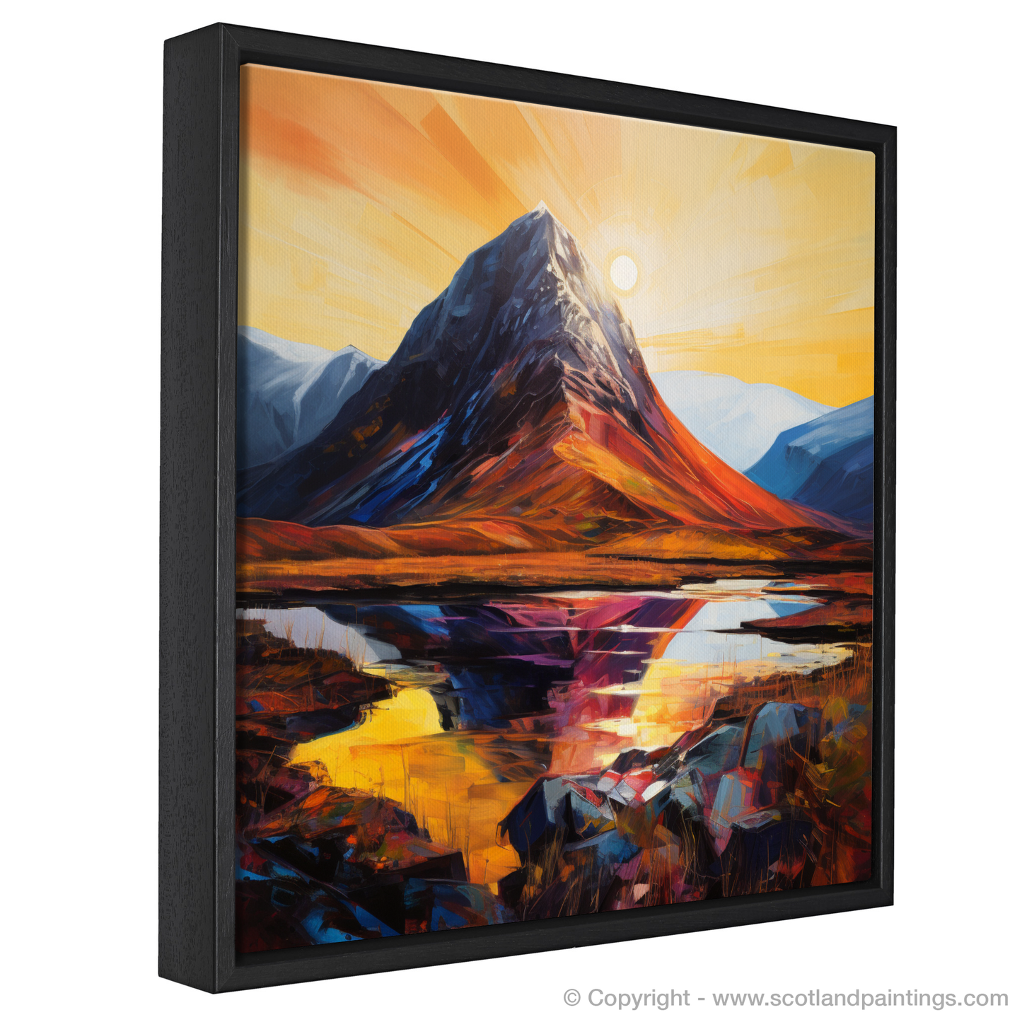 Painting and Art Print of Buachaille sunrise in Glencoe. Buachaille Sunrise: An Expressionist Ode to Glencoe's Majesty.