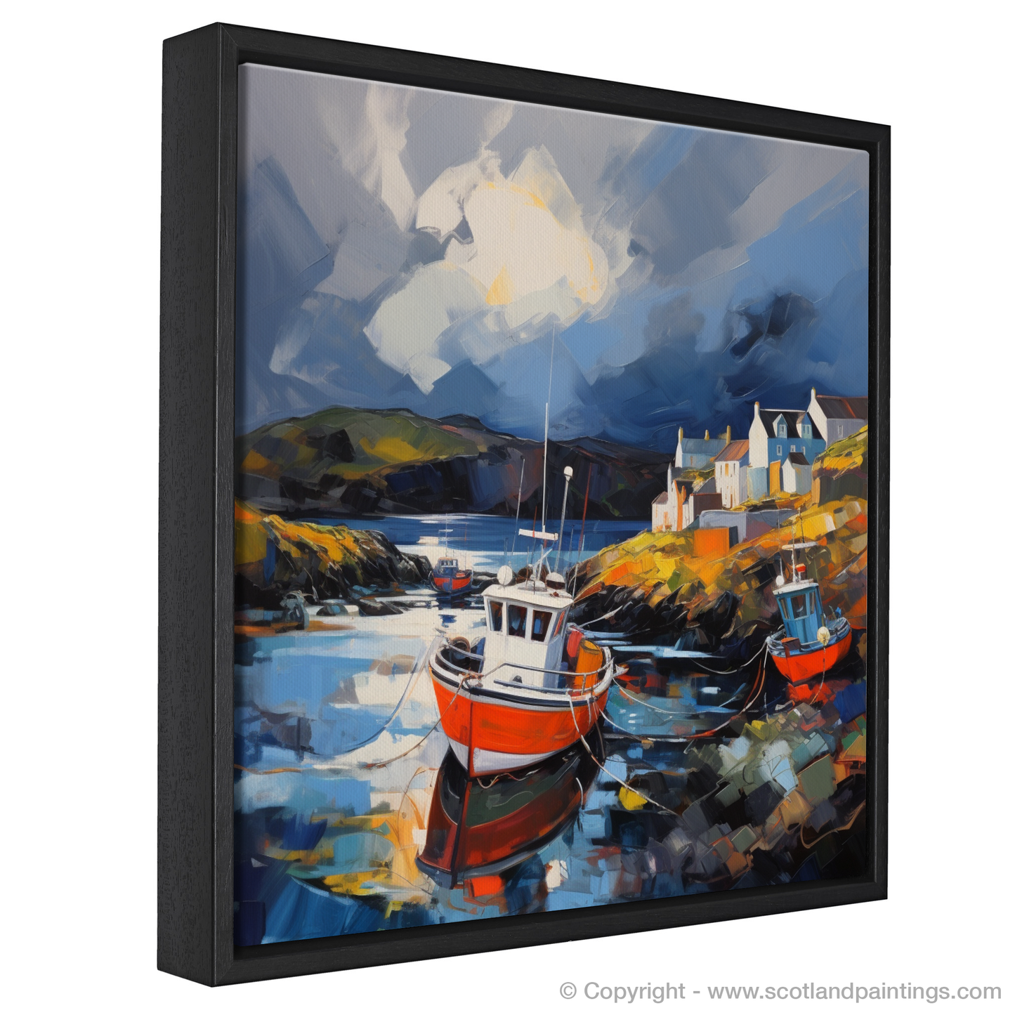 Painting and Art Print of Castlebay Harbour with a stormy sky entitled "Stormy Skies Over Castlebay Harbour: An Expressionist Tribute".