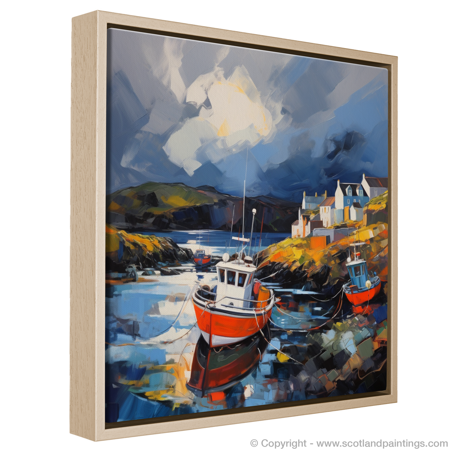 Painting and Art Print of Castlebay Harbour with a stormy sky entitled "Stormy Skies Over Castlebay Harbour: An Expressionist Tribute".