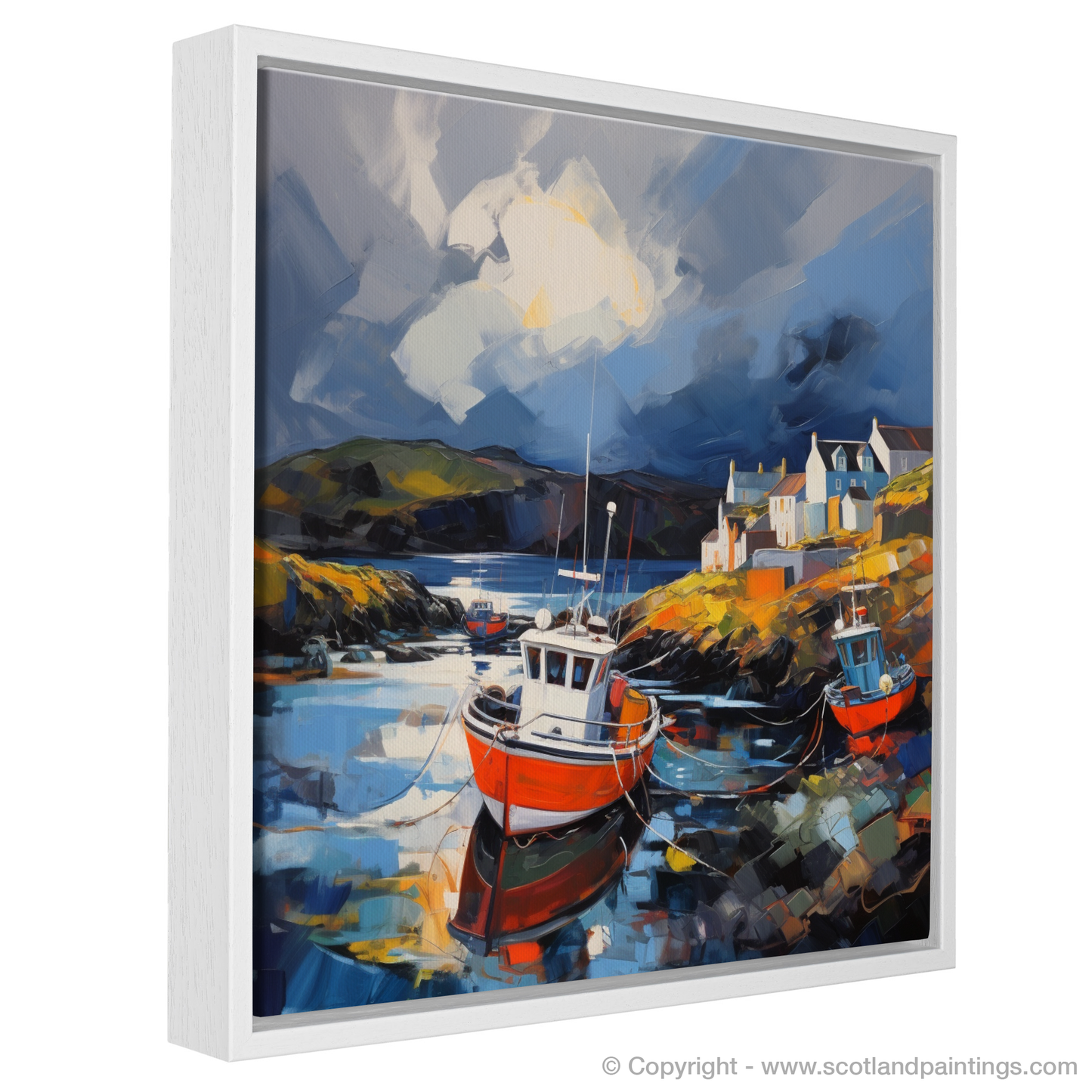 Painting and Art Print of Castlebay Harbour with a stormy sky entitled "Stormy Skies Over Castlebay Harbour: An Expressionist Tribute".