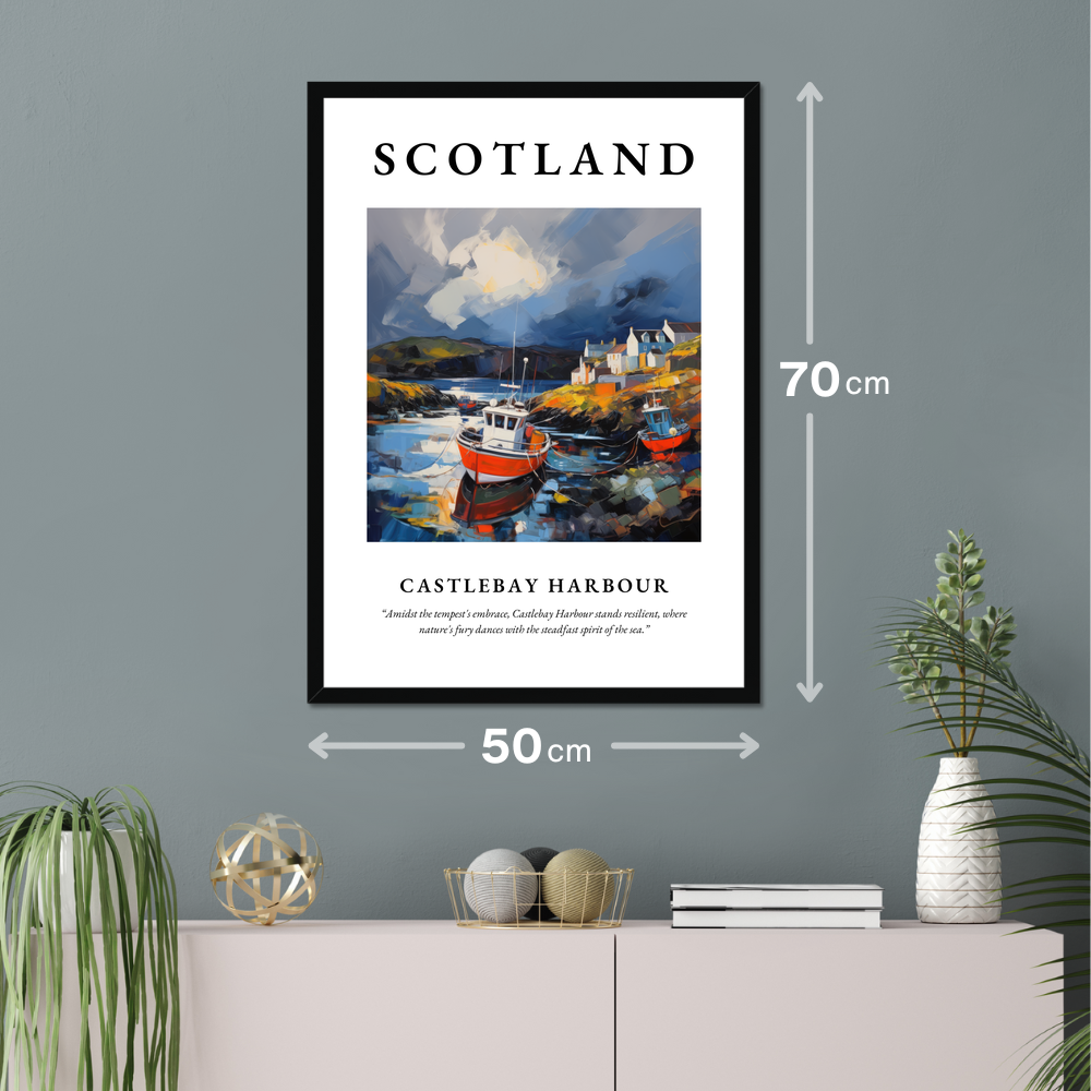 Poster of Castlebay Harbour hanging on a wall