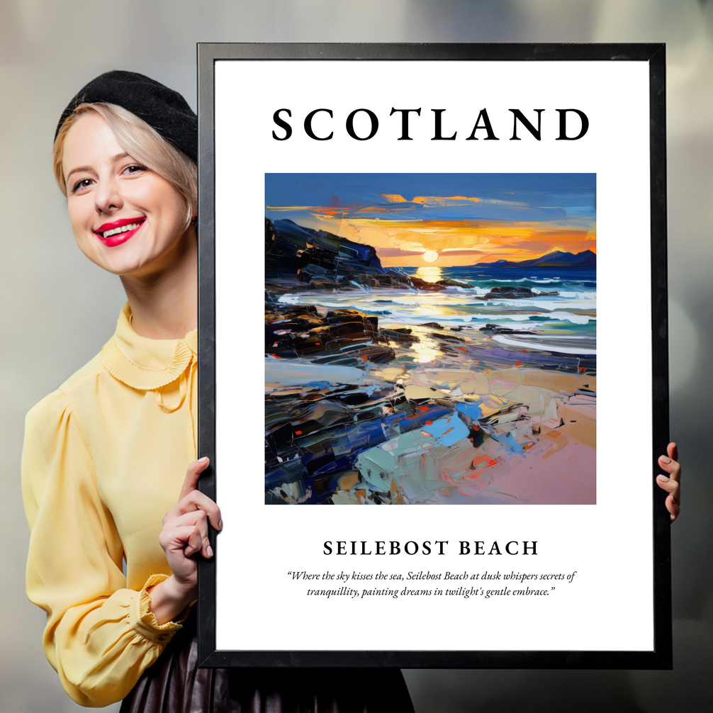 Person holding a poster of Seilebost Beach