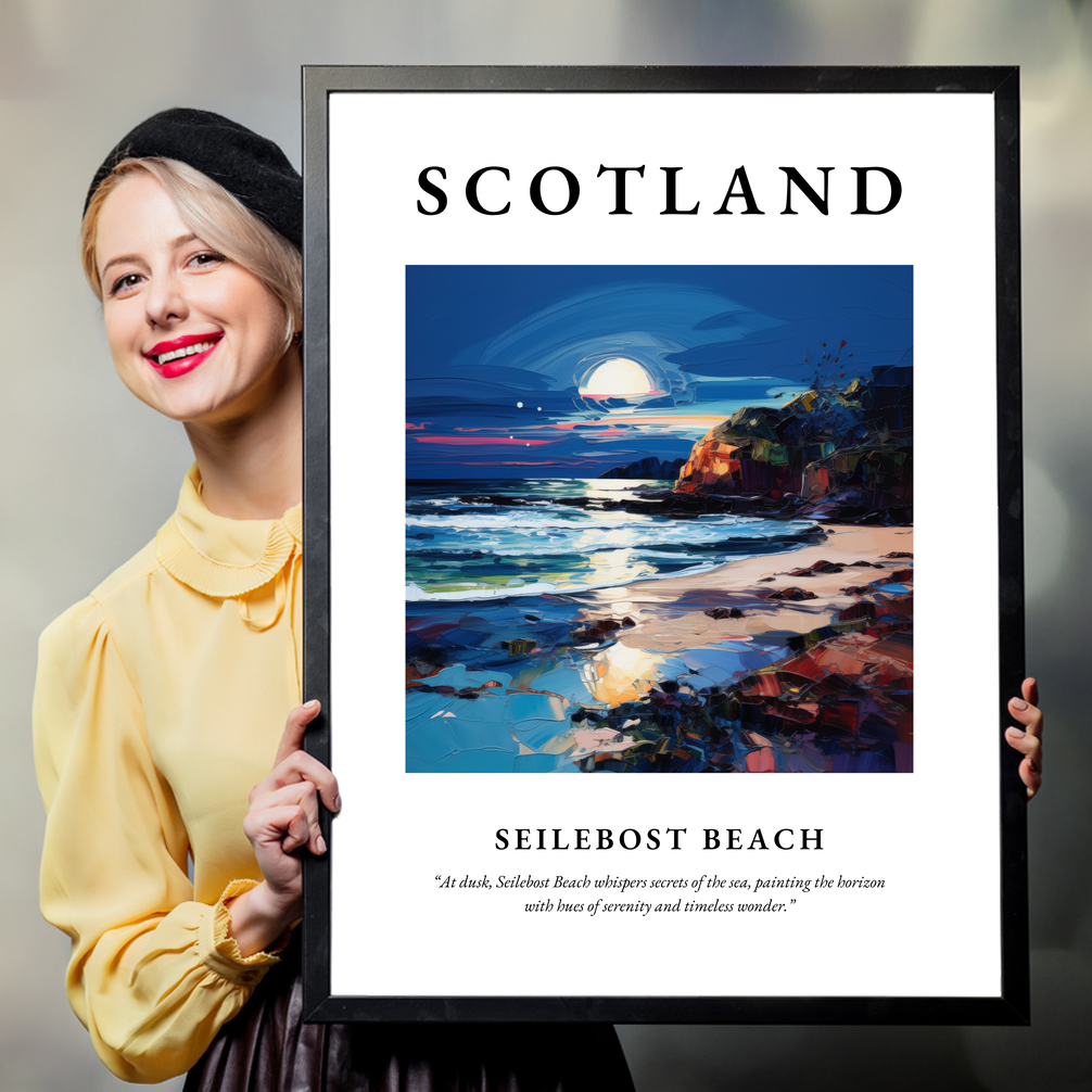 Person holding a poster of Seilebost Beach