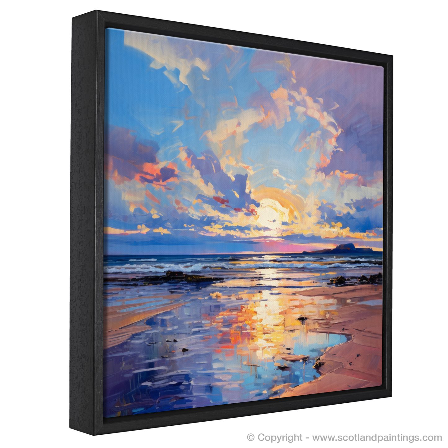 Painting and Art Print of Longniddry Beach at sunset entitled "Sunset Serenade at Longniddry Beach".