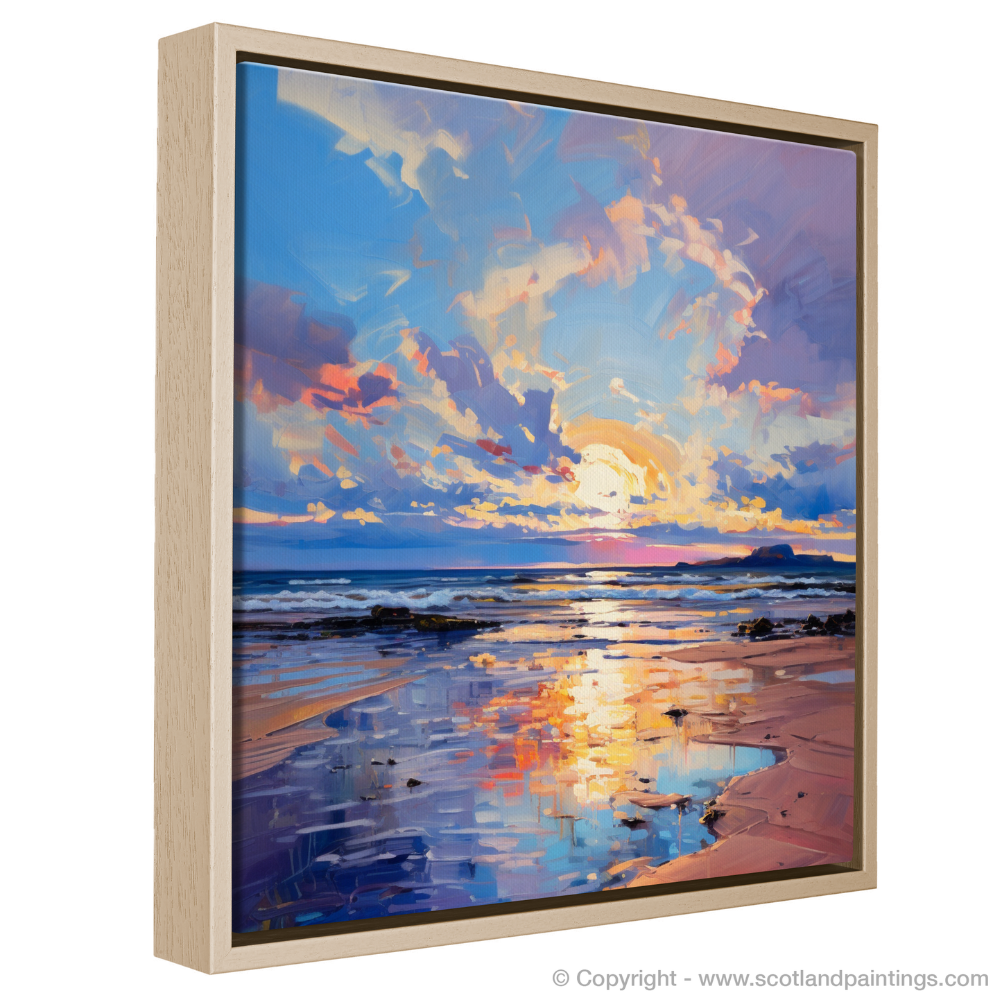 Painting and Art Print of Longniddry Beach at sunset entitled "Sunset Serenade at Longniddry Beach".