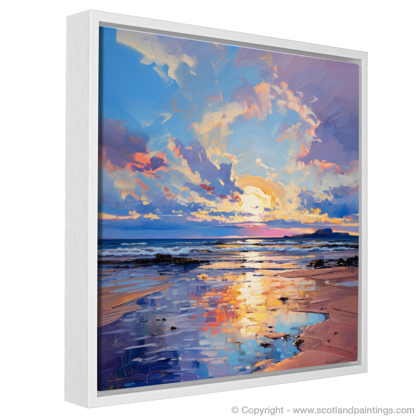 Painting and Art Print of Longniddry Beach at sunset entitled "Sunset Serenade at Longniddry Beach".