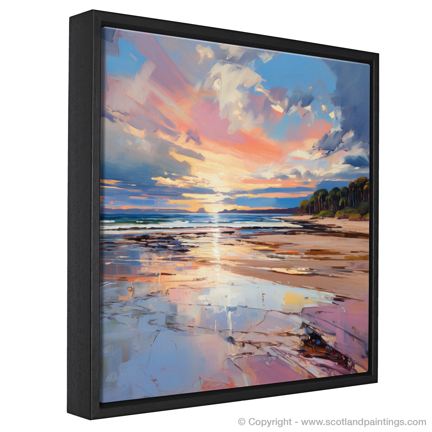 Painting and Art Print of Longniddry Beach at sunset entitled "Sunset Embrace at Longniddry Beach".