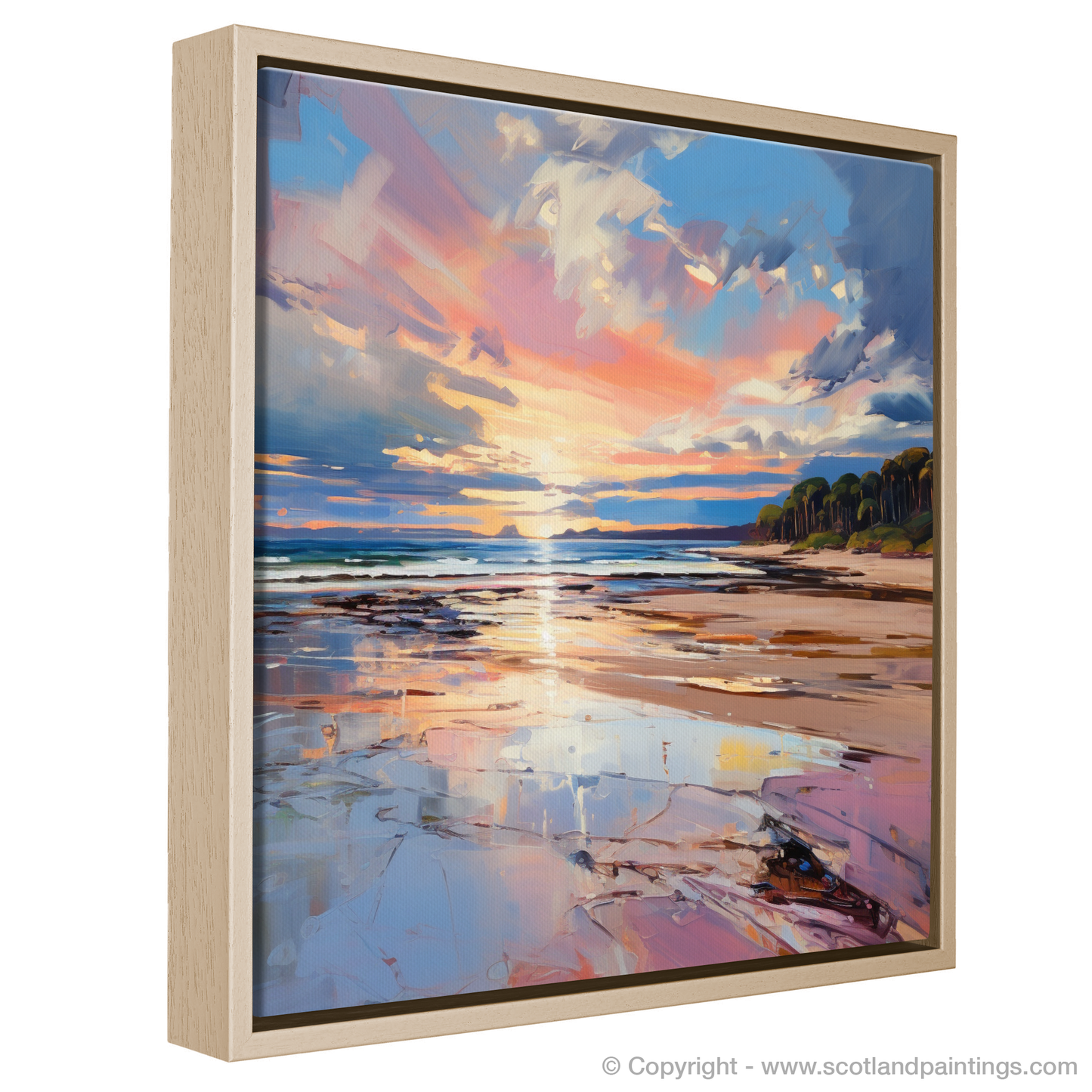 Painting and Art Print of Longniddry Beach at sunset entitled "Sunset Embrace at Longniddry Beach".