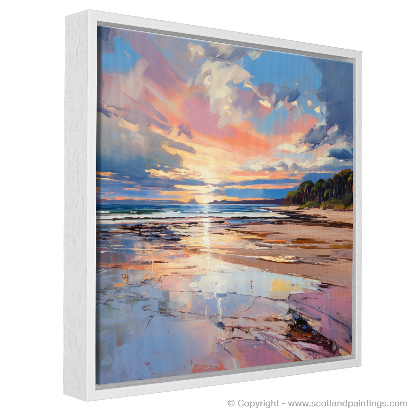 Painting and Art Print of Longniddry Beach at sunset entitled "Sunset Embrace at Longniddry Beach".