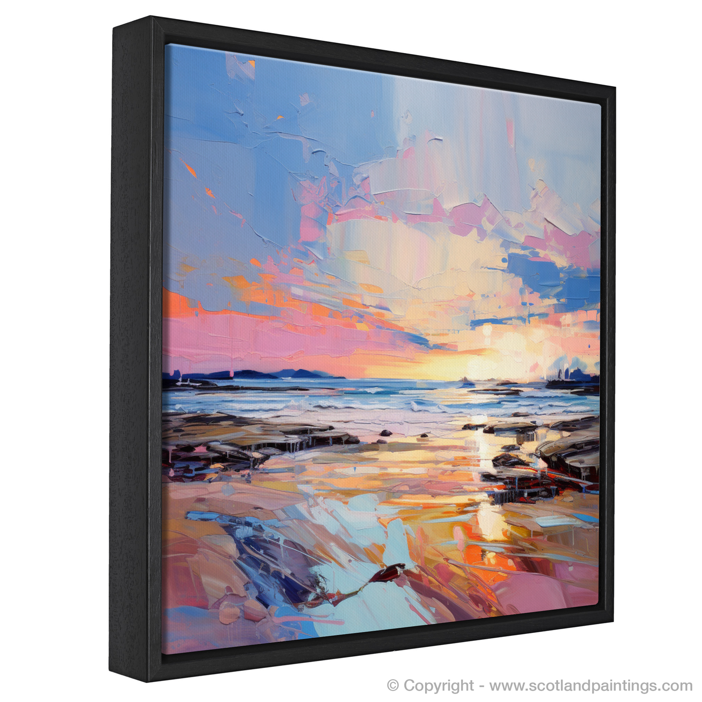 Painting and Art Print of Longniddry Beach at sunset entitled "Twilight Dance at Longniddry Beach".