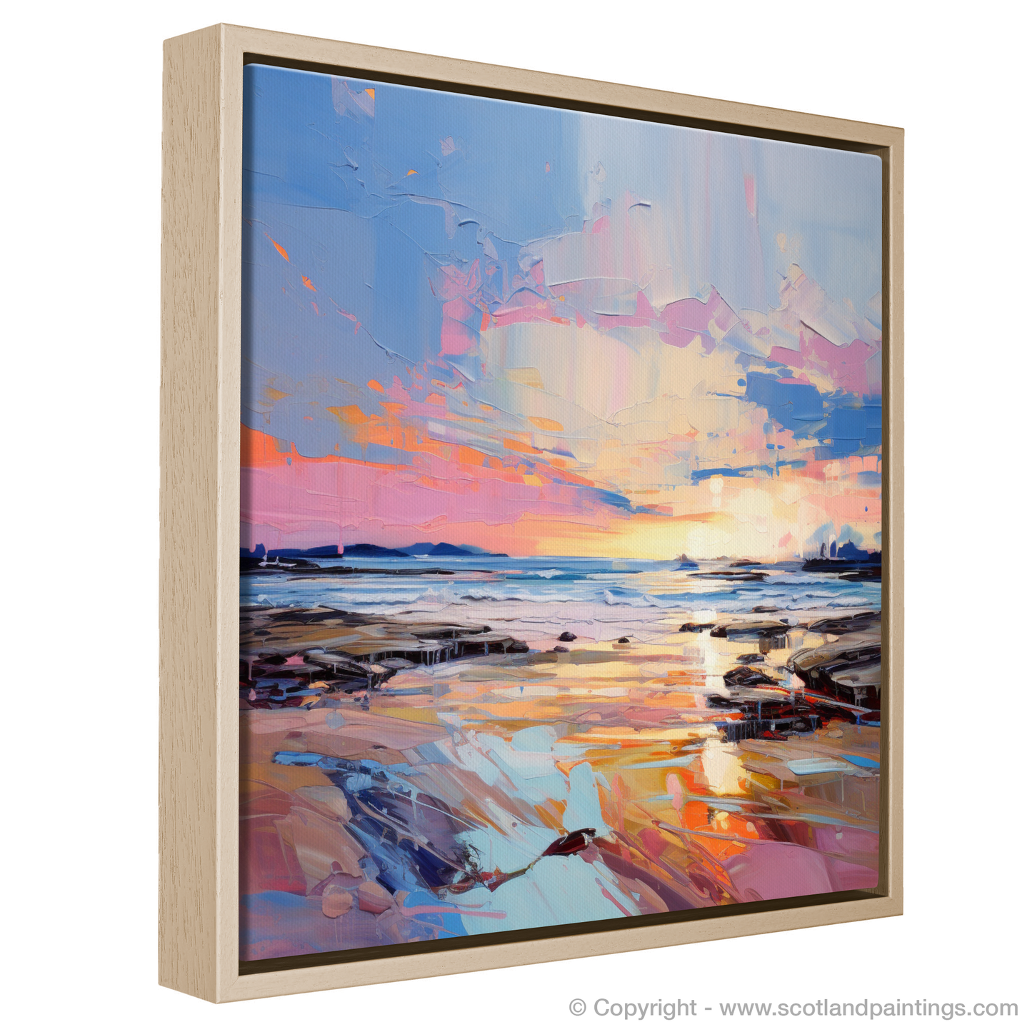 Painting and Art Print of Longniddry Beach at sunset entitled "Twilight Dance at Longniddry Beach".