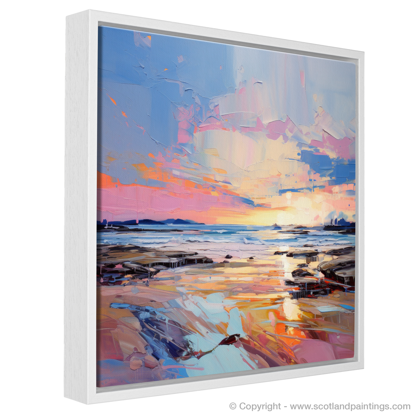 Painting and Art Print of Longniddry Beach at sunset entitled "Twilight Dance at Longniddry Beach".