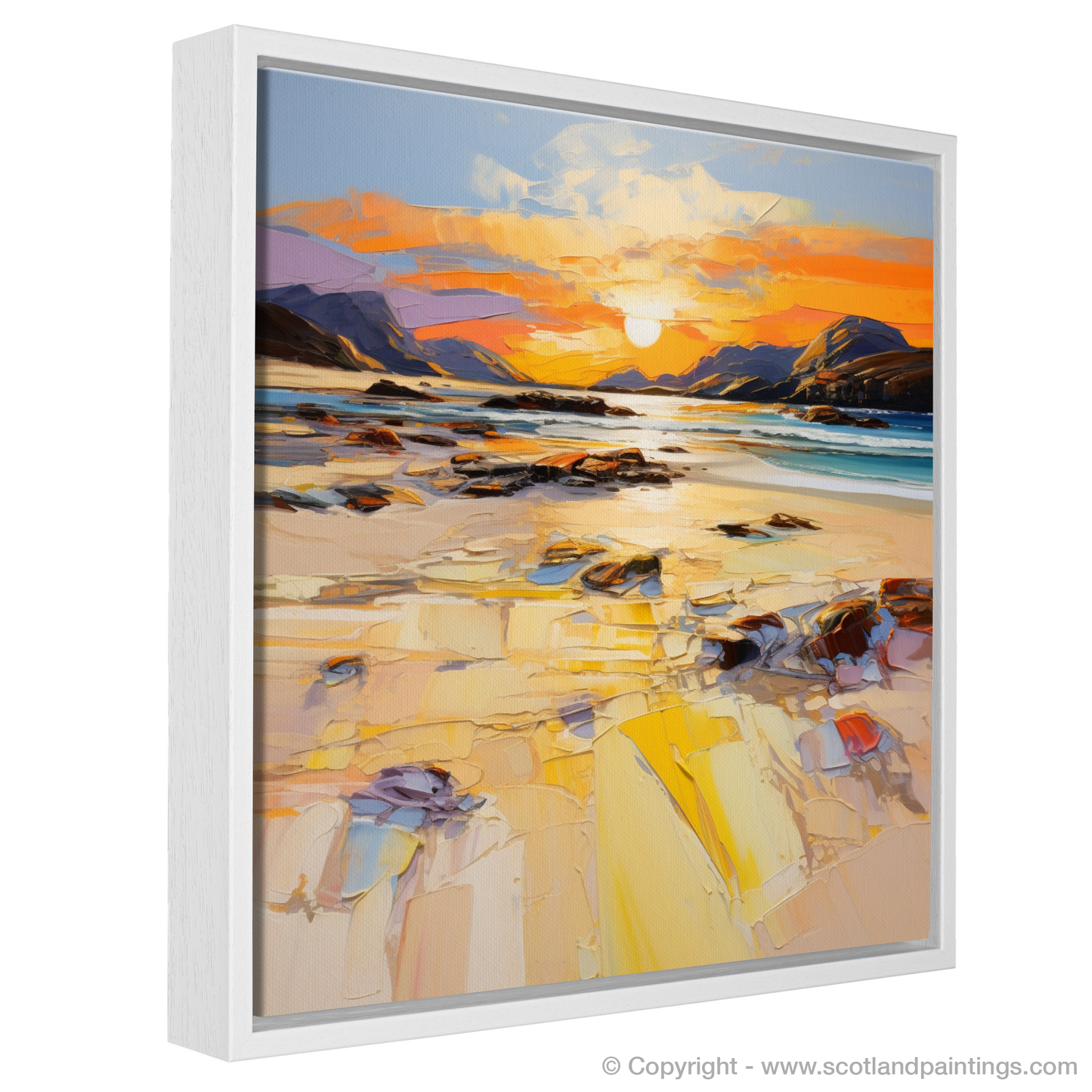 Painting and Art Print of Mellon Udrigle Beach at golden hour. Golden Hour Symphony at Mellon Udrigle Beach.