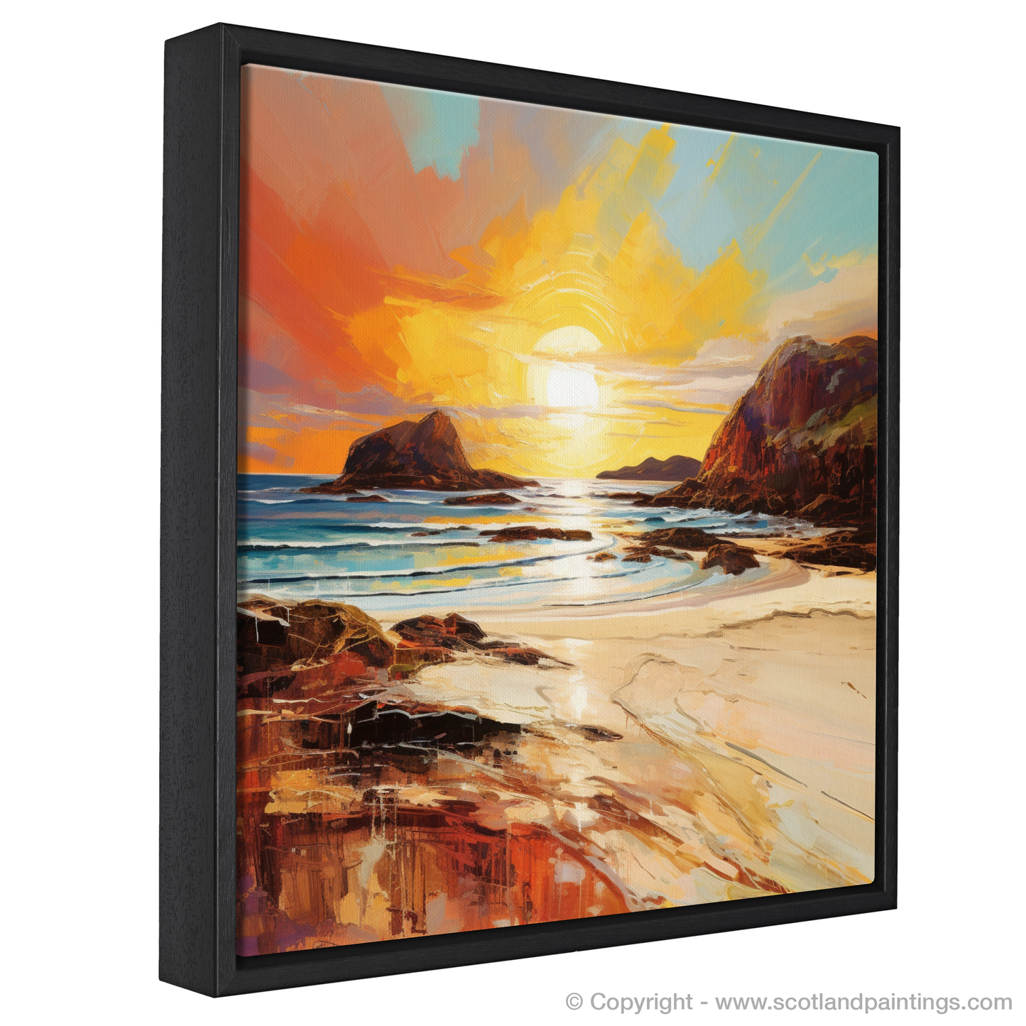 Painting and Art Print of Achmelvich Bay at golden hour entitled "Achmelvich Bay at Golden Hour: An Expressionist Ode to Scottish Coves".