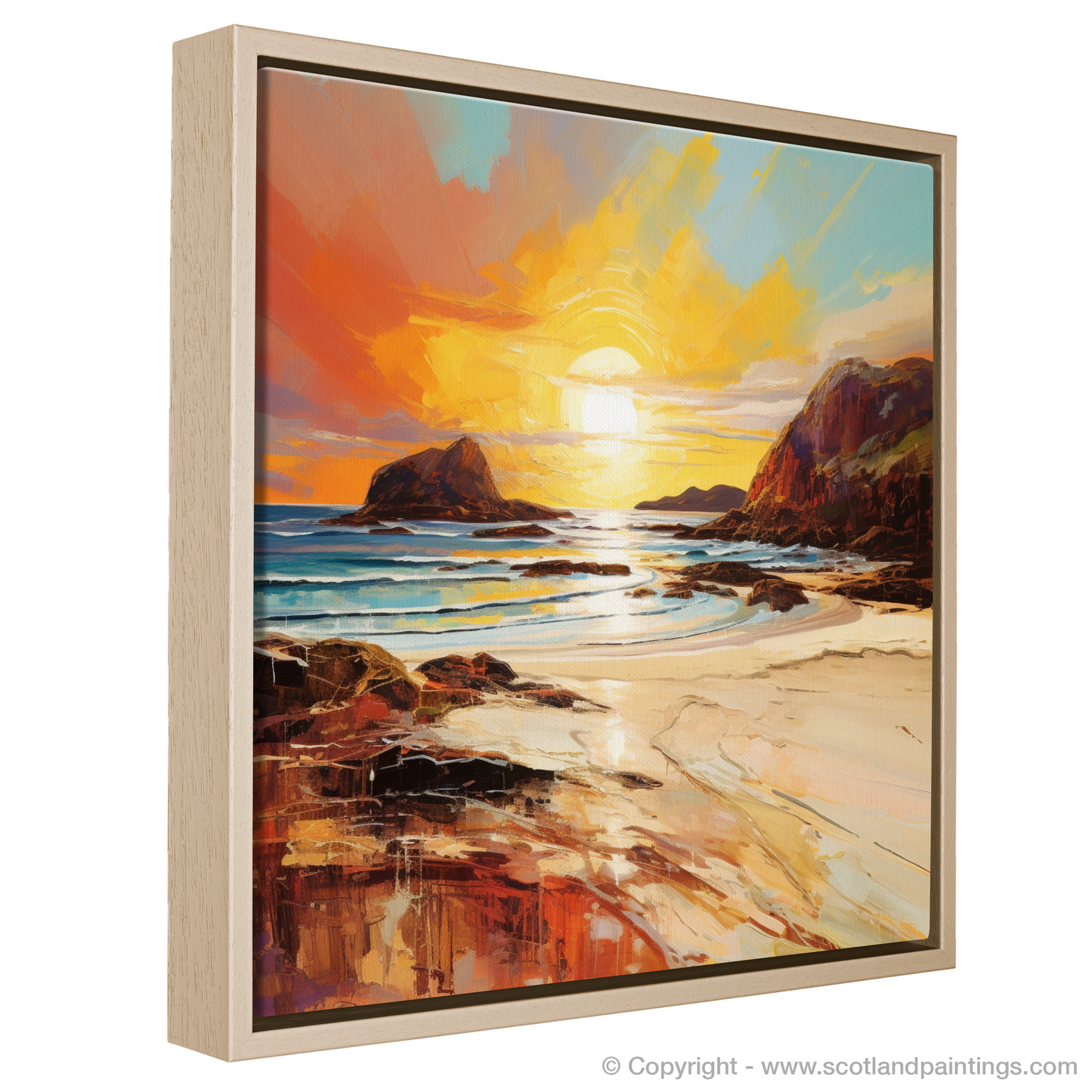 Painting and Art Print of Achmelvich Bay at golden hour entitled "Achmelvich Bay at Golden Hour: An Expressionist Ode to Scottish Coves".