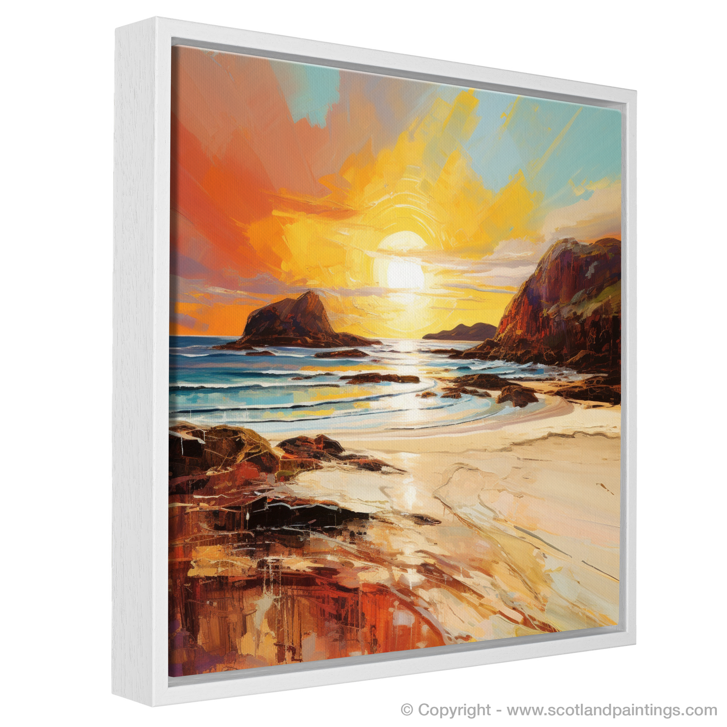 Painting and Art Print of Achmelvich Bay at golden hour entitled "Achmelvich Bay at Golden Hour: An Expressionist Ode to Scottish Coves".