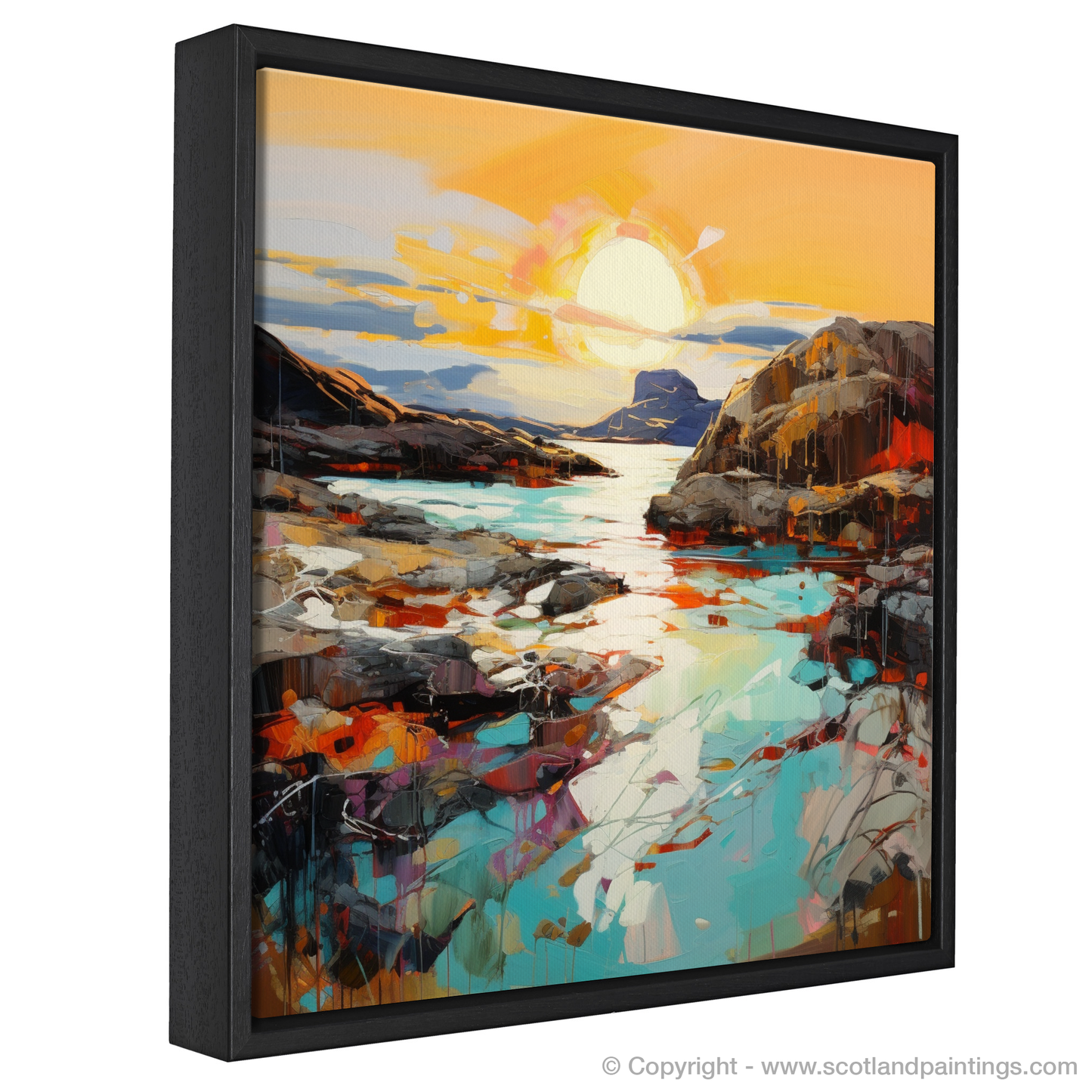 Painting and Art Print of Achmelvich Bay at golden hour entitled "Golden Hour at Achmelvich Bay: An Expressionist Ode to Scottish Coves".