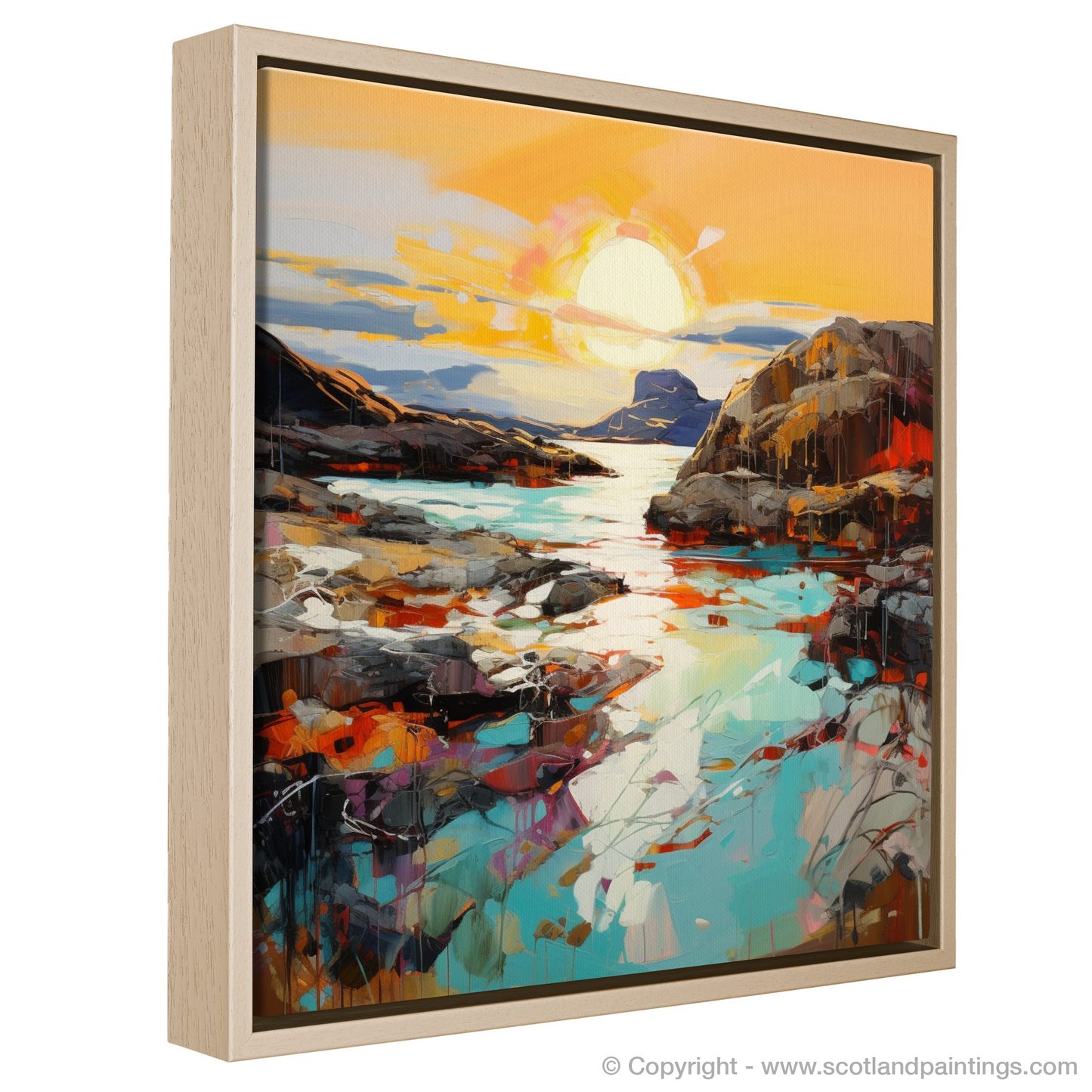 Painting and Art Print of Achmelvich Bay at golden hour entitled "Golden Hour at Achmelvich Bay: An Expressionist Ode to Scottish Coves".